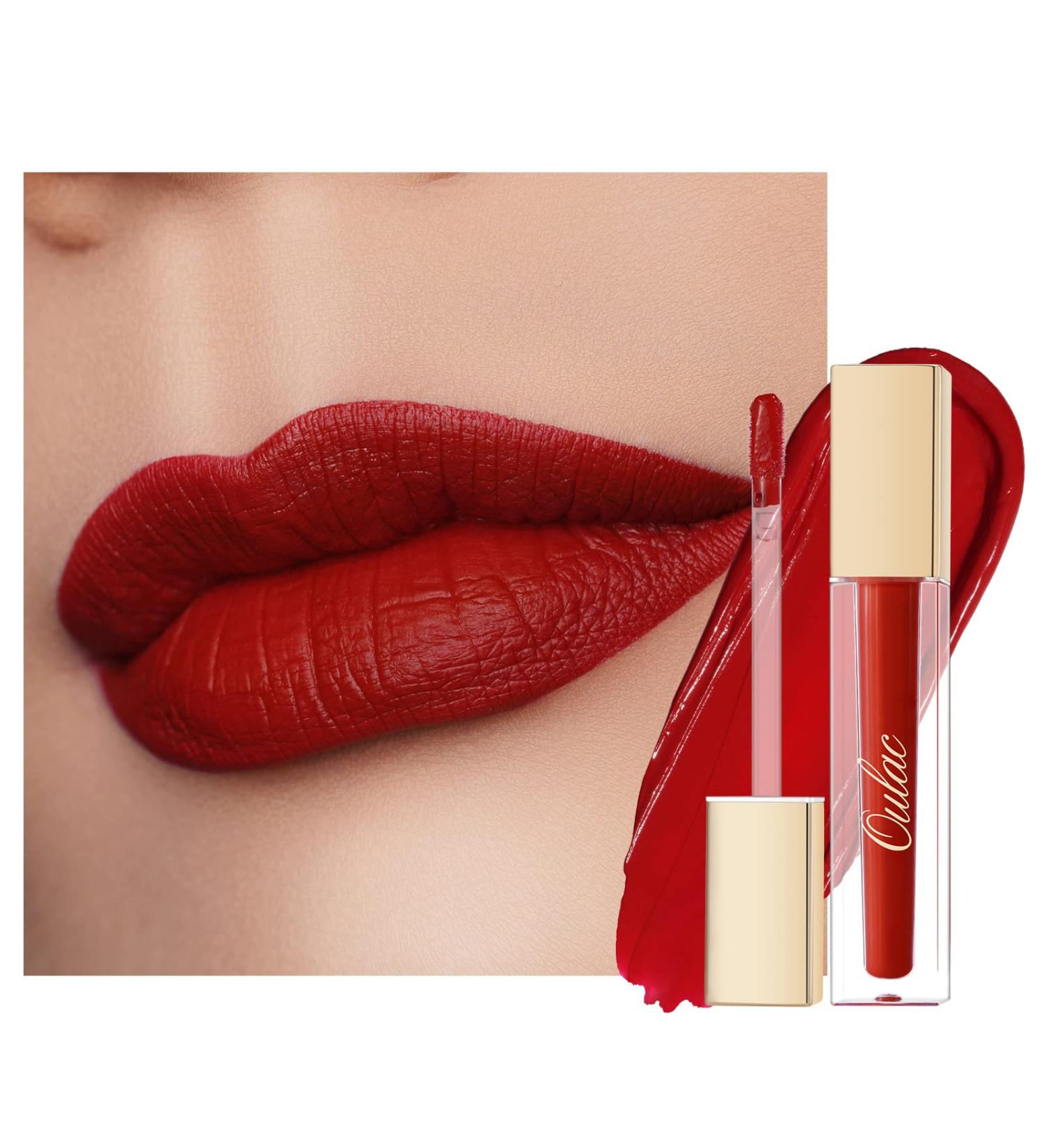 Oulac Matte Liquid Red Lipstick for Women - Long Lasting Deep Red Lip Gloss | Waterproof, Non-Stick Cup, Vegan & Cruelty-Free - M01 Kiss Me Now - Buy Online on SooperMarket.com