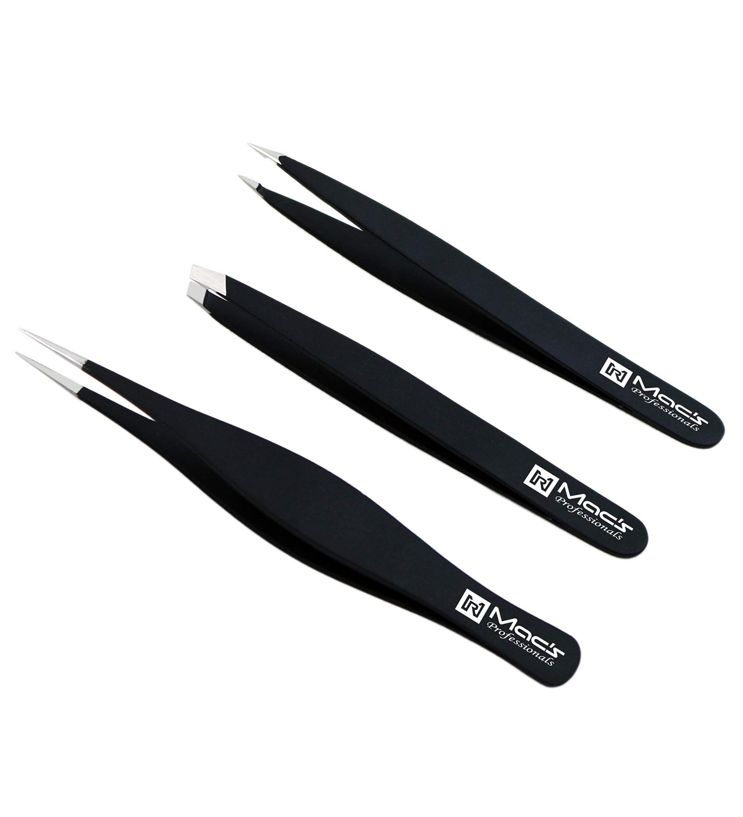Macs Professional Tweezers Set for Eyebrow Plucking & Ingrown Hair Removal - Stainless Steel Precision Sharp Tips - Black 7343BK - Buy Online on SooperMarket.com