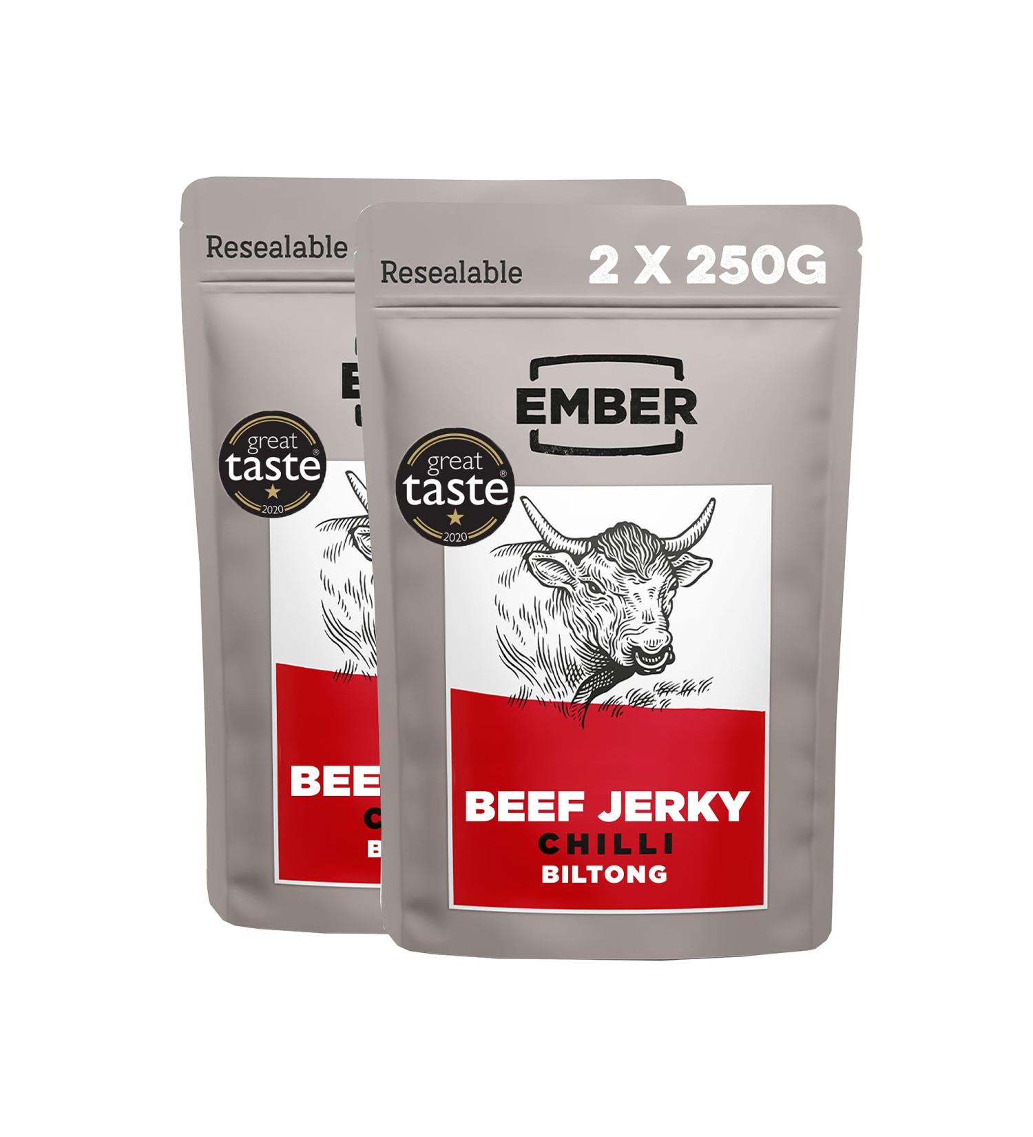 Ember Snacks Biltong - Chilli Beef Snack (2x250g) | High Protein Snack | Made from British & Irish Beef - Buy Online on SooperMarket.com