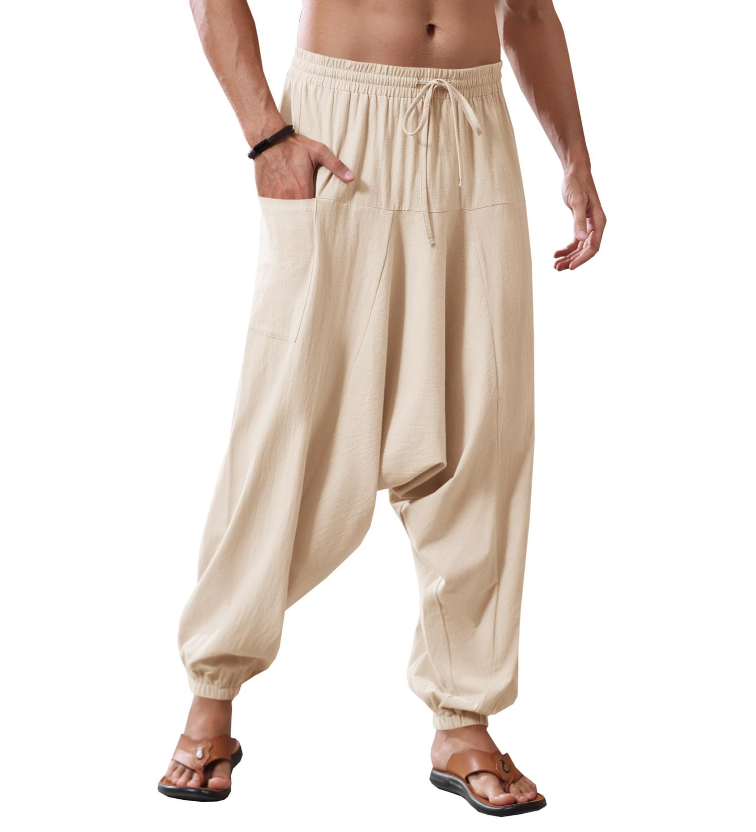 Runcati Men's Cotton Harem Pants - Baggy Hippie Casual Linen Yoga Pants for Beach - Low Crotch Trousers in Brown M - Buy Online on SooperMarket.com