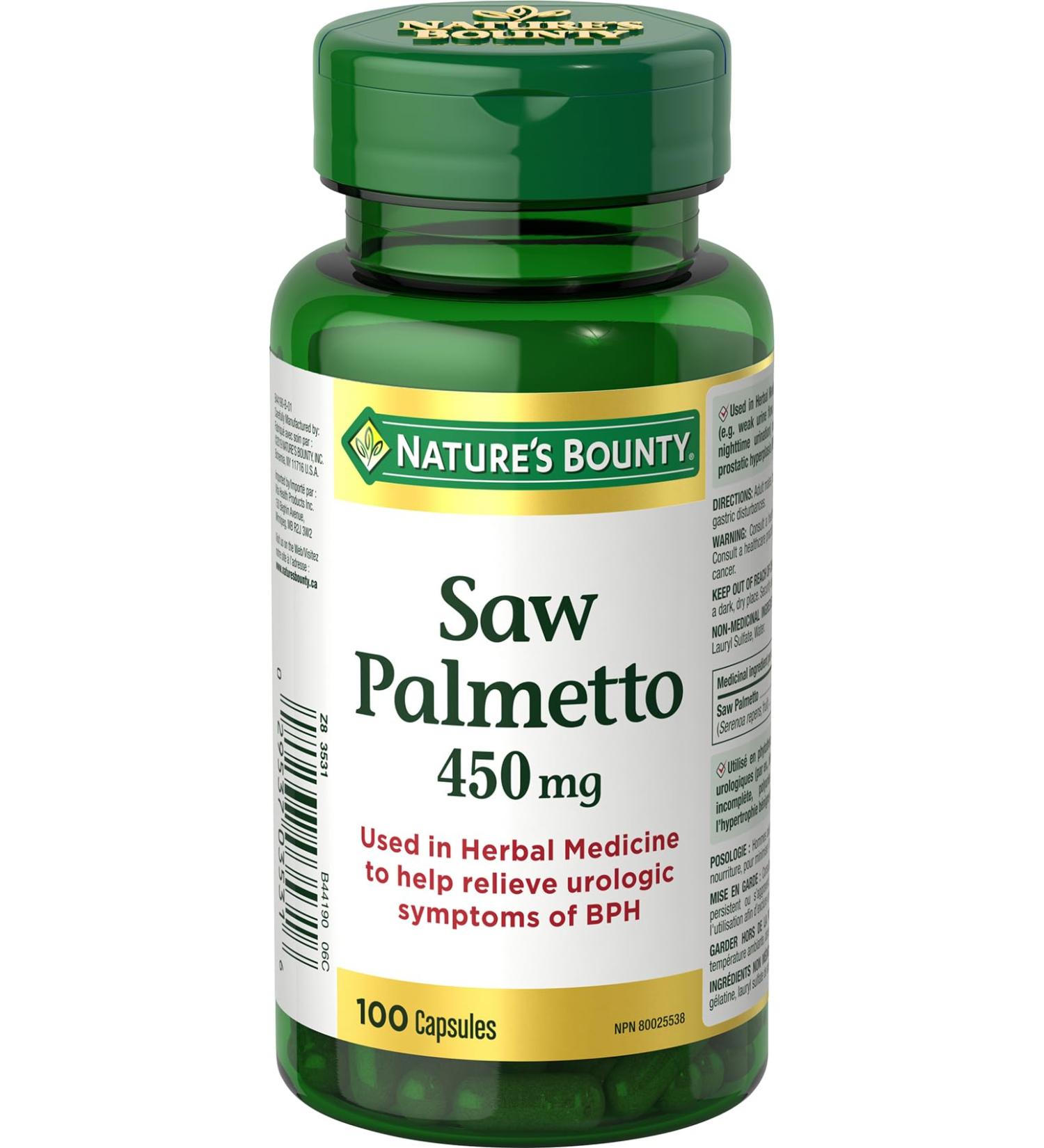 Nature's Bounty Saw Palmetto Pills and Herbal Health Supplement Helps Relieve Urologic Symptoms 450mg 100 Capsules Multi-colored - Buy Online on SooperMarket.com