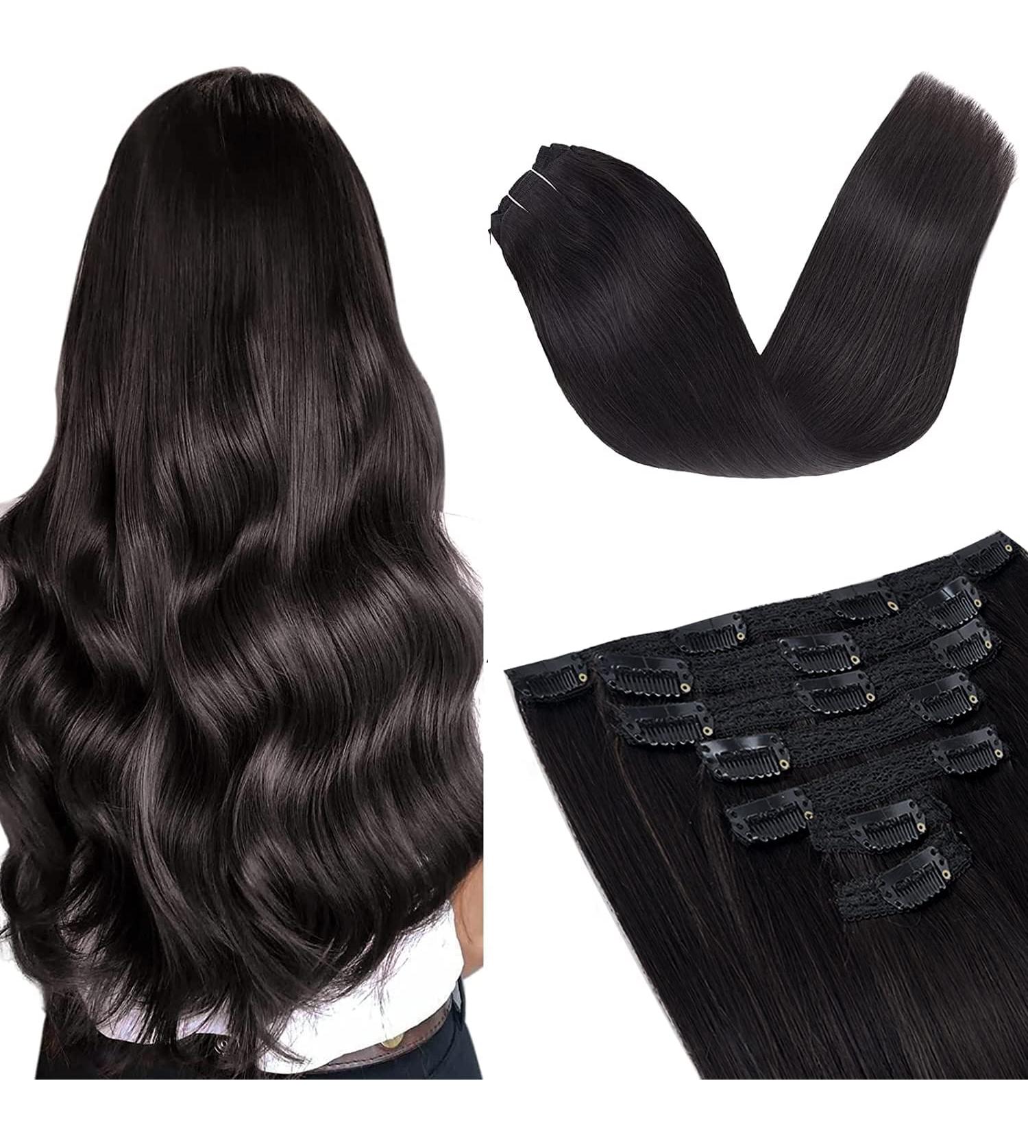 Vlasy Clip in Hair Extensions 16 Inch - Black Brown Human Hair 7 Pcs Seamless Straight Clip in Extensions for Women - Buy Online on SooperMarket.com