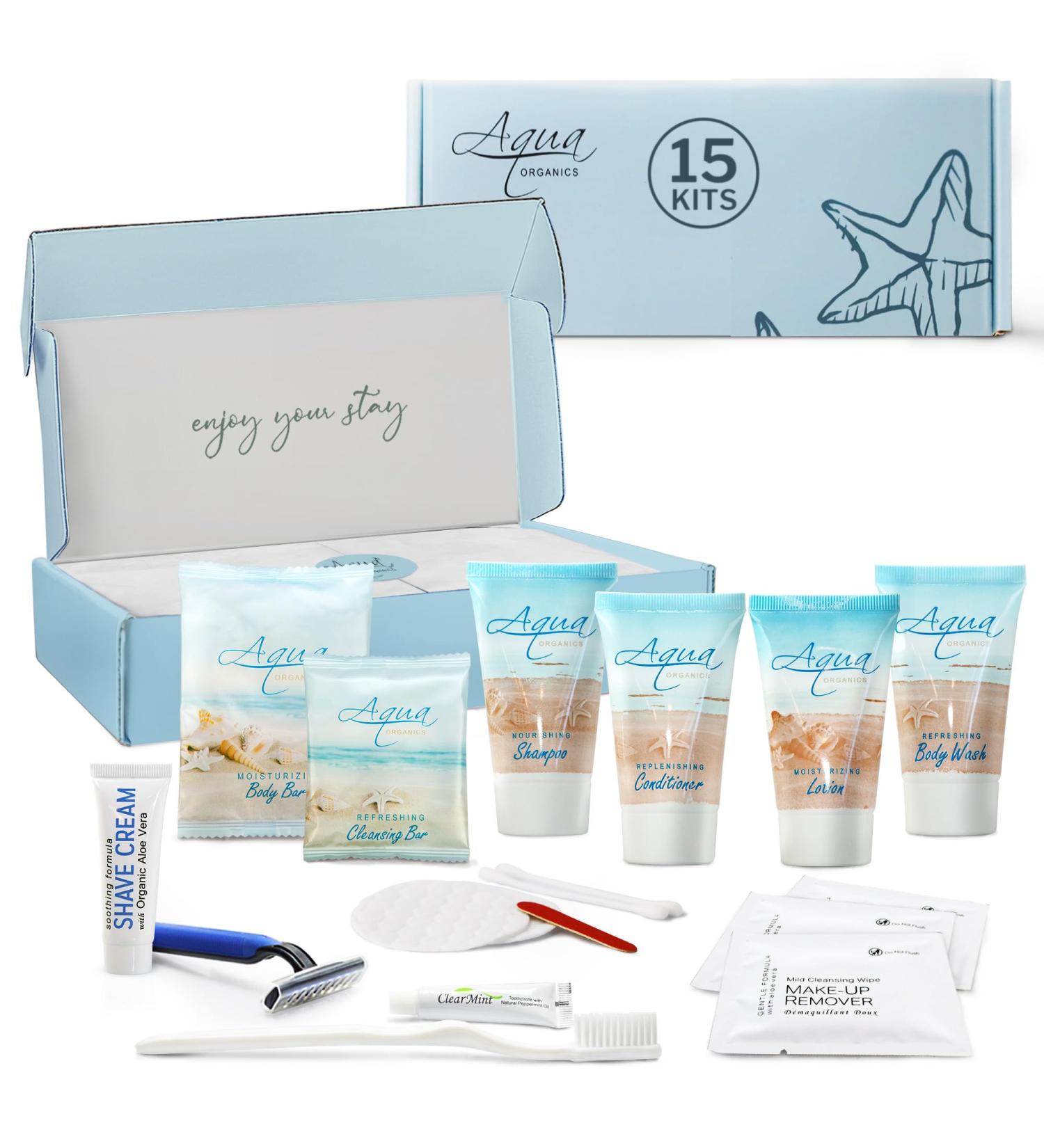 Shoppe All-in-Kit | Aqua Organics Travel Size Amenity Set | 1oz Shampoo Conditioner Lotion & More - Perfect for International Shipping - Buy Online on SooperMarket.com