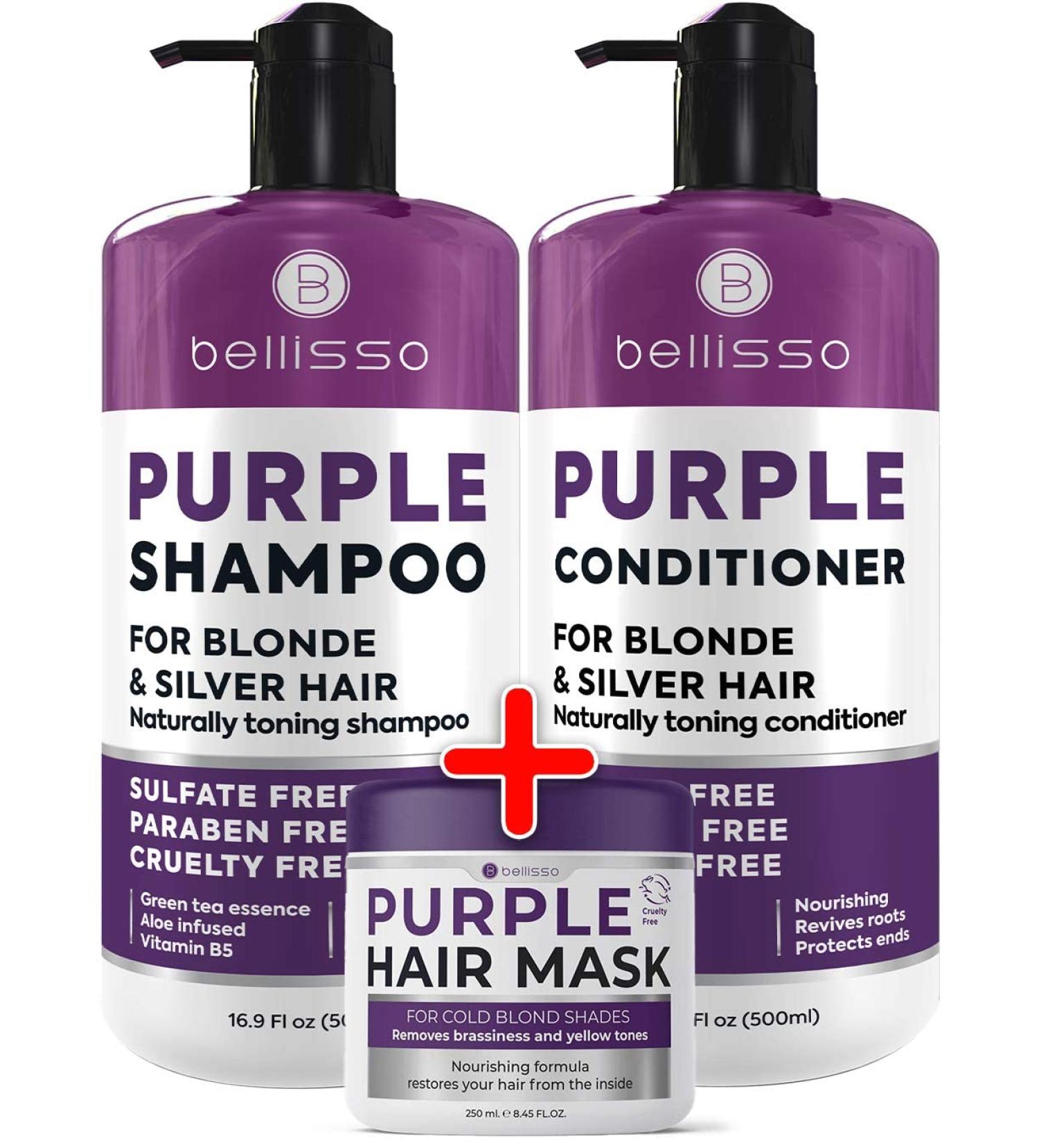 BELLISSO Purple Shampoo, Conditioner & Hair Mask Set - Sulfate-Free Salon Grade Formula for Platinum, Silver & Grey Hair - Hydrating Toner for Shimmer Correction - Buy Online on SooperMarket.com