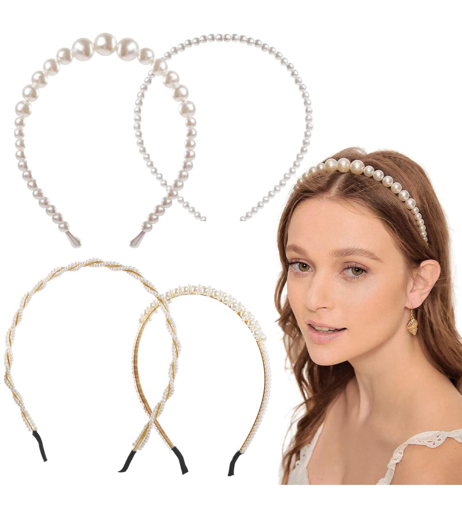 4 Pcs Pearl Headbands for Women - Gold & White Faux Pearl Hair Band with Rhinestones - Bridal Headdress Hair Hoop - Buy Online on SooperMarket.com