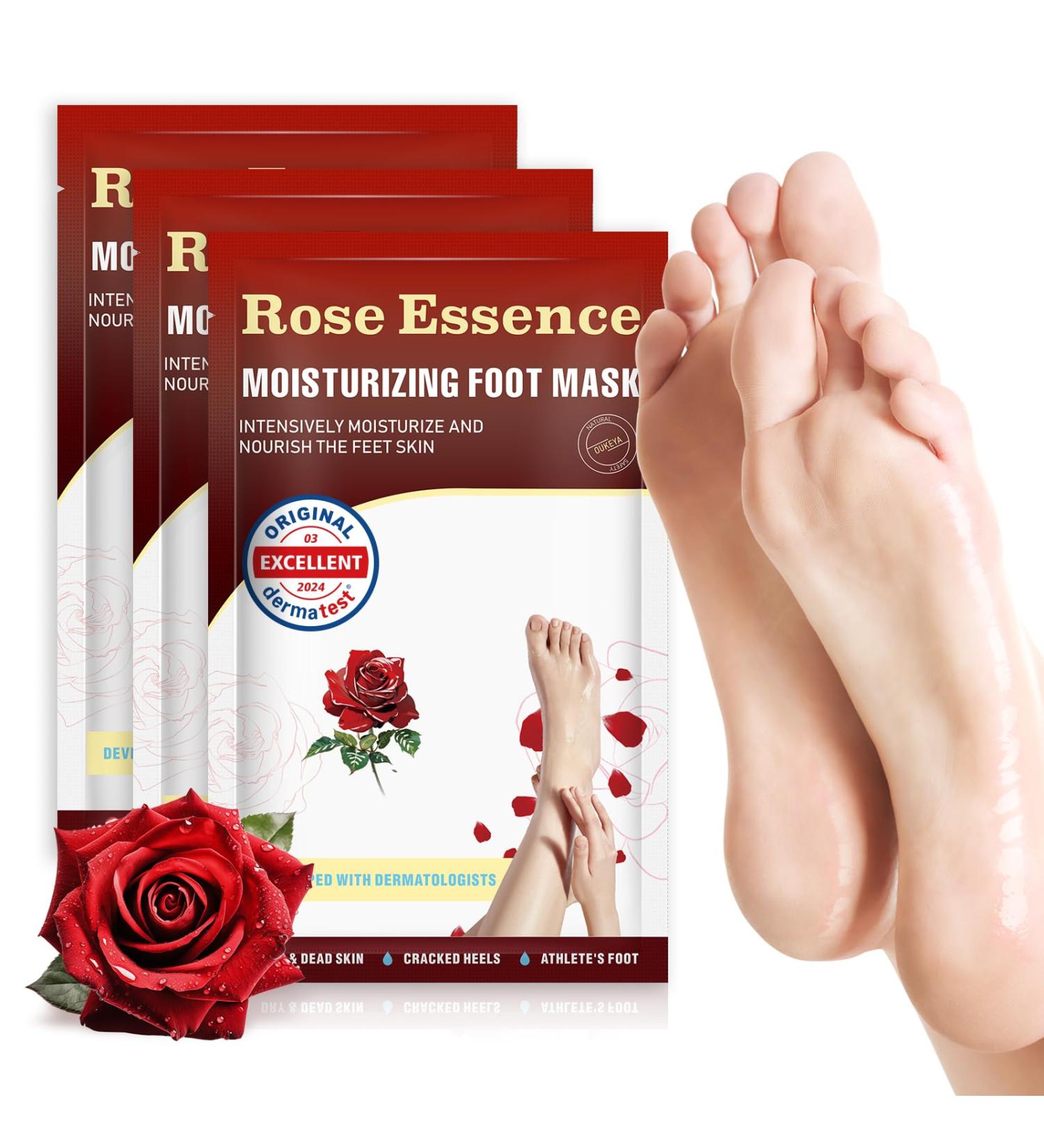 OUKEYA Foot Mask 3 Pairs: Nourish Foot Mask Dermatologically Tested Repairs Heels & Soften Dry Dead Skin for Cracked Feet(No Peeling) Rose - Buy Online on SooperMarket.com