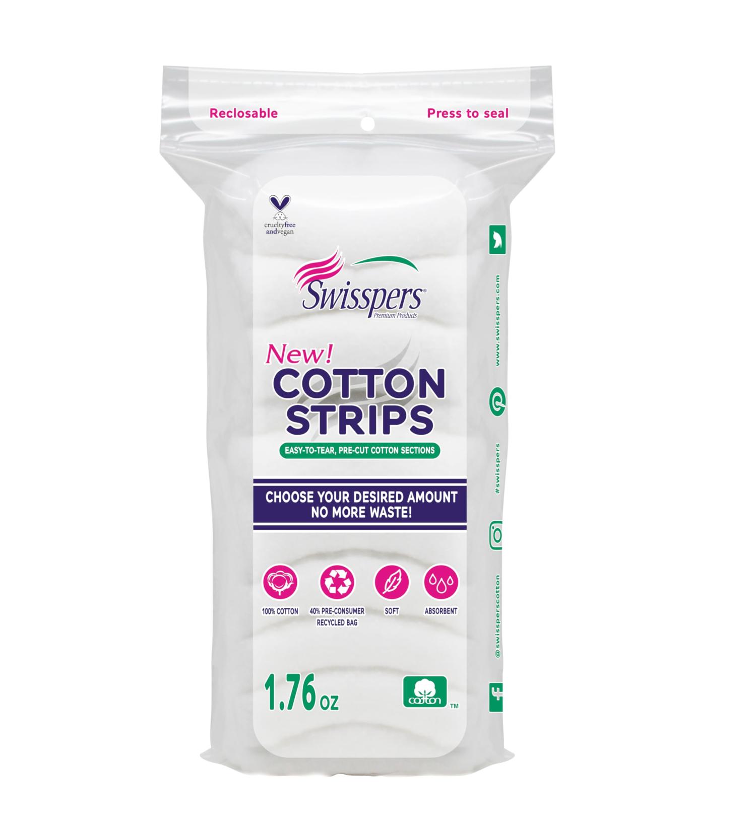 Swisspers Cotton Strips 100% Cotton Soft & Absorbent Hypoallergenic Reclosable Bag 3 Bags (1.76 oz Each) - Buy Online on SooperMarket.com