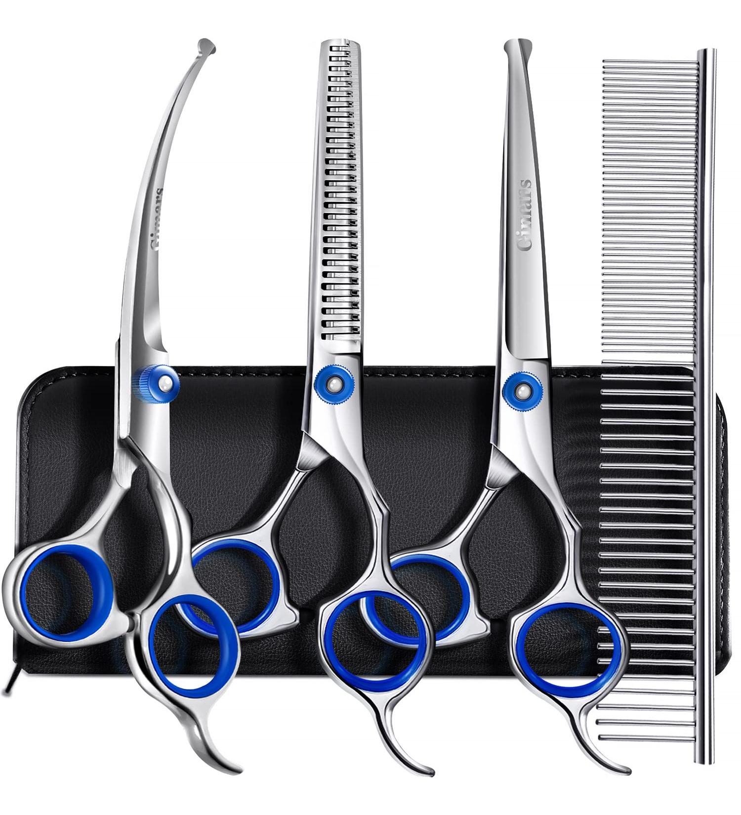 Gimars 5 in 1 Professional Dog Grooming Scissors Kit - Titanium Coated Straight, Thinning, Curved Shears & Comb Set with Safety Round Tip - Heavy Duty, 4CR Material, Blue Color - Buy Online on SooperMarket.com