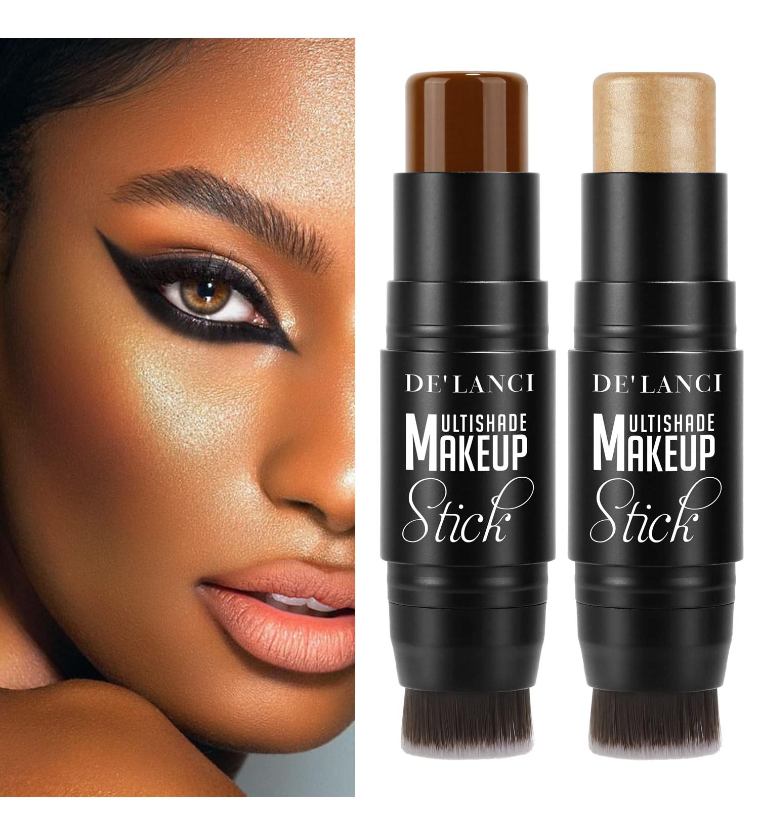 DE LANCI Contour Highlighter Stick Kit for Brown, Dark, Black Skin Tone - 2 PCS Cream Sticks with Brush - Face Illuminator & Bronzer - Moisturizing Shade Makeup - Buy Online on SooperMarket.com