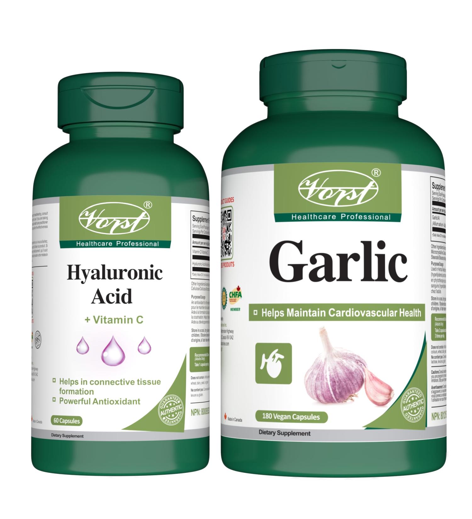VORST Hyaluronic Acid with Vitamin C 60 Capsules & Garlic 180 Vegan Capsules (Combo Bundle 2 Bottles) - Buy Online on SooperMarket.com