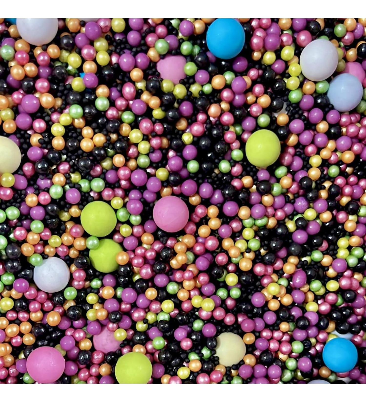 Black rainbow sprinkles multi coloured chocolate balls for cupcakes cakes toppers pearls balls metallic pearls cupcakes cake neon bright pink green blue 80s 90s party decoration