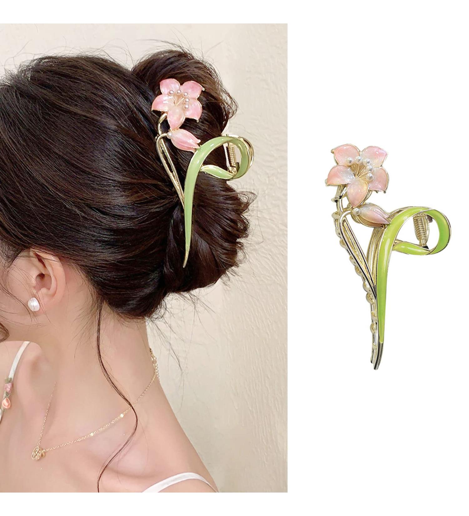 Gold Metal Lily Flower Hair Clip - Pink Floral Barrette for Strong Hold - Cute Fashion Hair Accessory for Thick & Thin Hair - Buy Online on SooperMarket.com