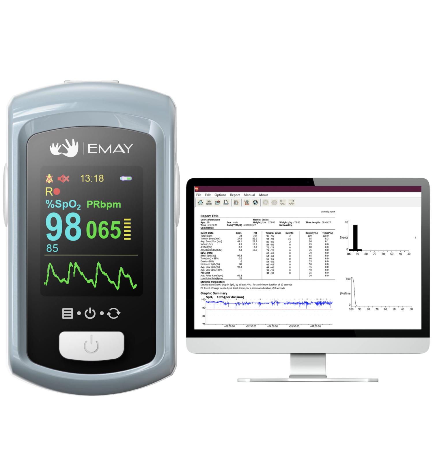EMAY Sleep Oxygen Monitor with PC Software & App | Bluetooth Pulse Oximeter for Overnight SpO2 Tracking | Rechargeable & 72 Hours Memory | Informative Report & Analysis - Buy Online on SooperMarket.com