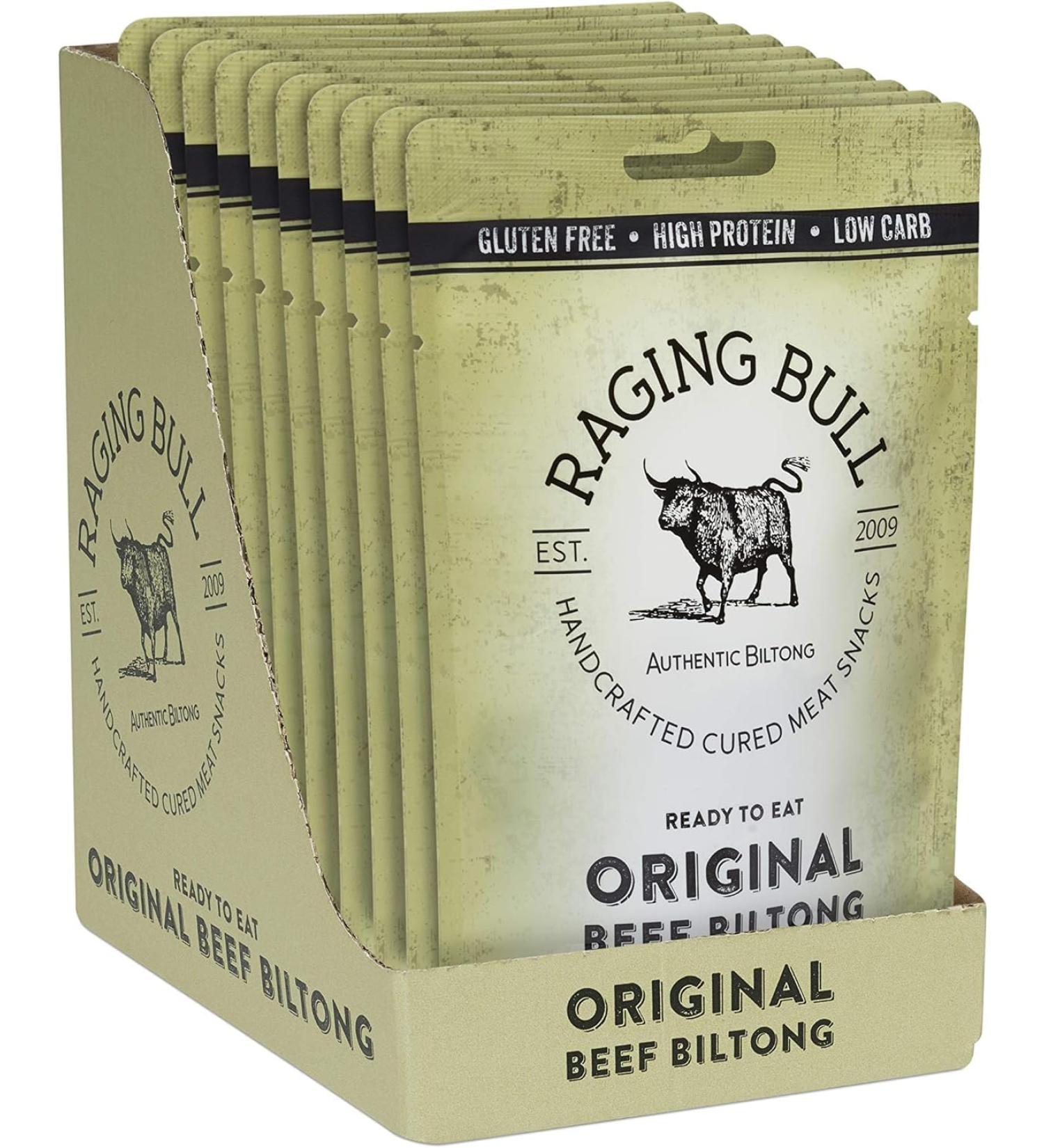 Raging Bull Original Beef Biltong - delicious authentic South African biltong. Made with natural ingredients & our award-winning skills. High in protein low carbs & gluten free. 10 x 28g snack packs. - Buy Online on SooperMarket.com