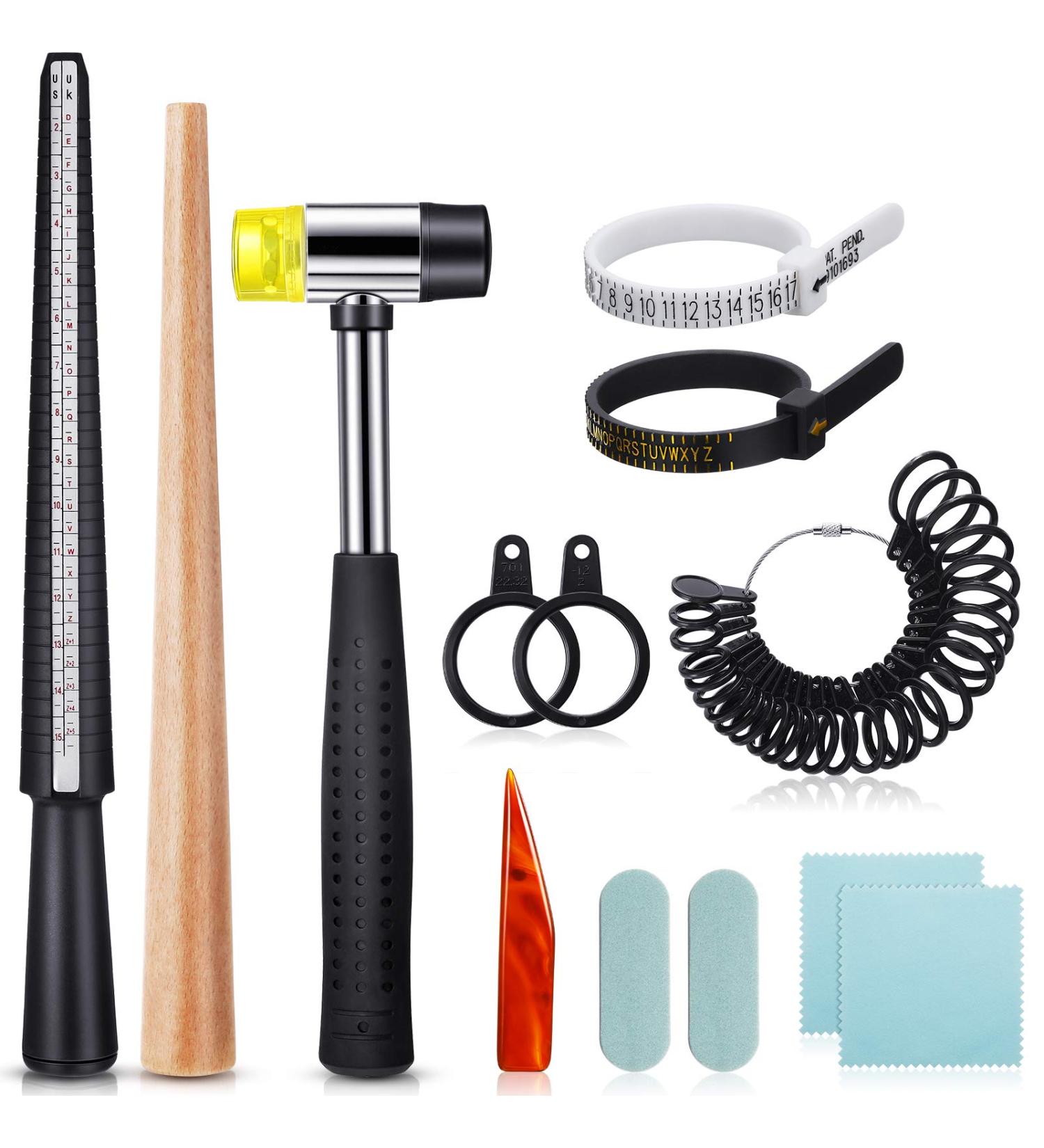 11-Piece US UK Ring Mandrel Set with Sizer Gauge, Hammer, Adjuster & Polishing Tools - Black - Buy Online on SooperMarket.com