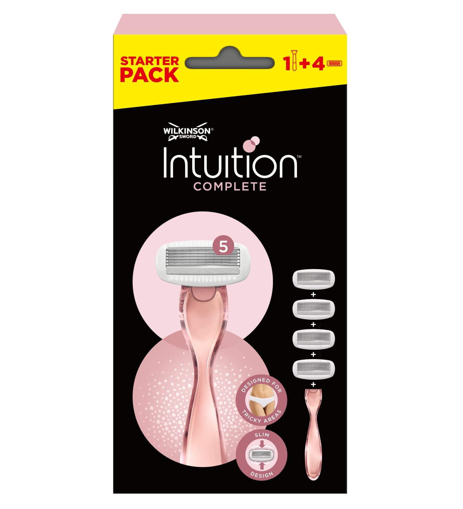 Wilkinson Sword Intuition Complete Razor - Pack with 1 razor + 4 charging heads - Value size shaver 5 blades for women - Suitable for sensitive areas Black 1 count (Pack of 1)