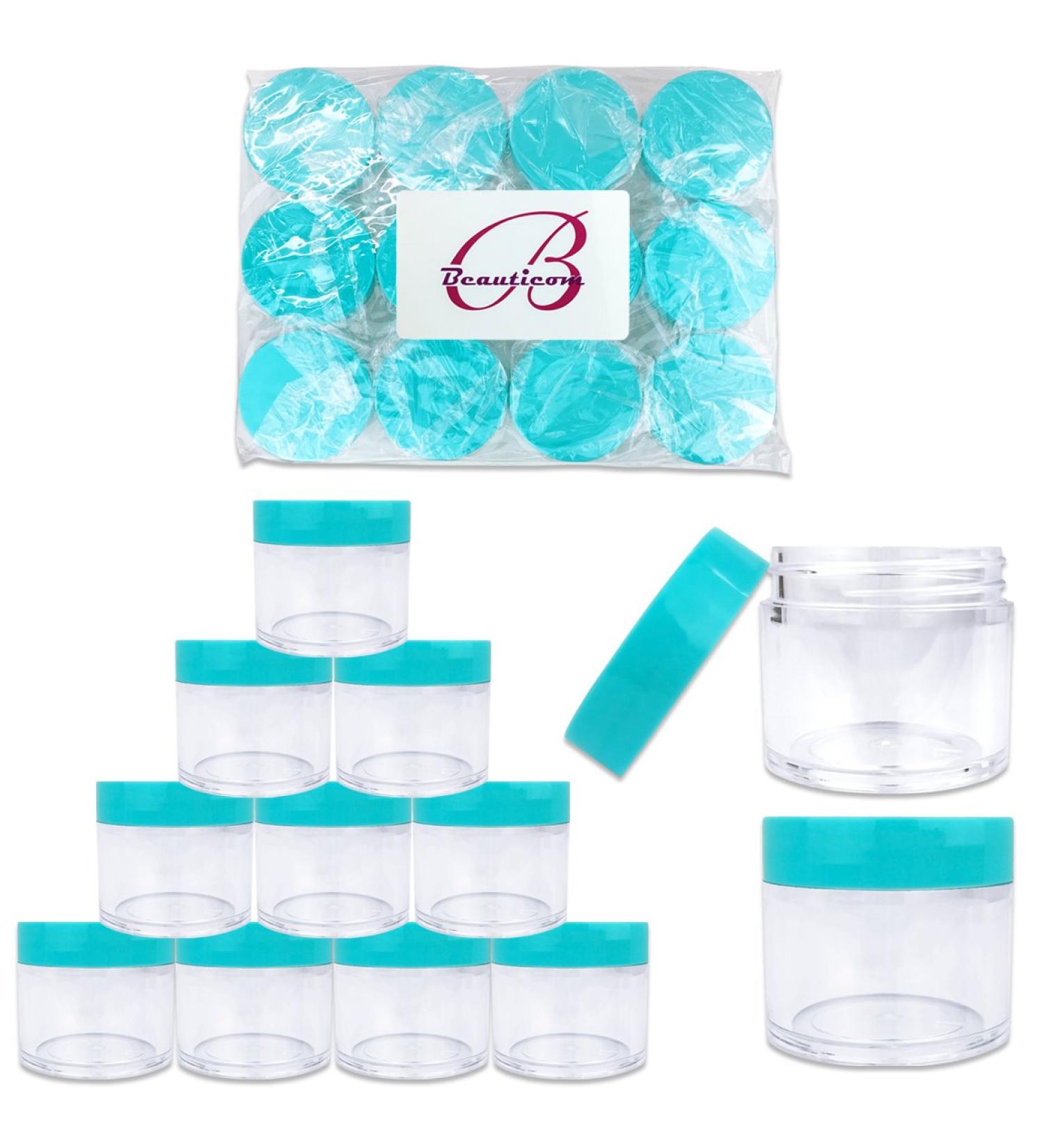 Beauticom 12 Piece 1 oz Acrylic Round Clear Jars with Flat Top Lids - Perfect for Creams Lotions Makeup & Herbs - SKY BLUE TEAL - Buy Online on SooperMarket.com