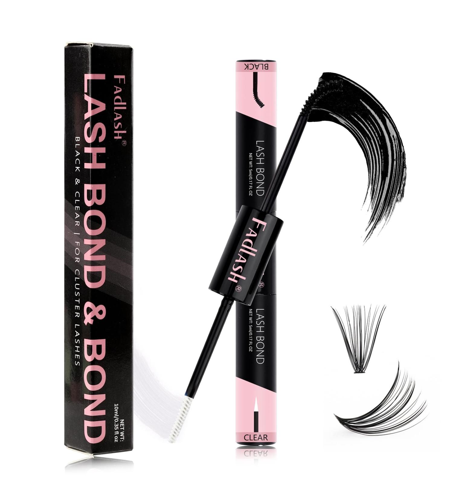 Cluster Lash Glue for Eyelash Extensions - 2 in 1 Waterproof Lash Bond | Strong Hold 72 Hour Wear (10ml Black + Clear - Buy Online on SooperMarket.com