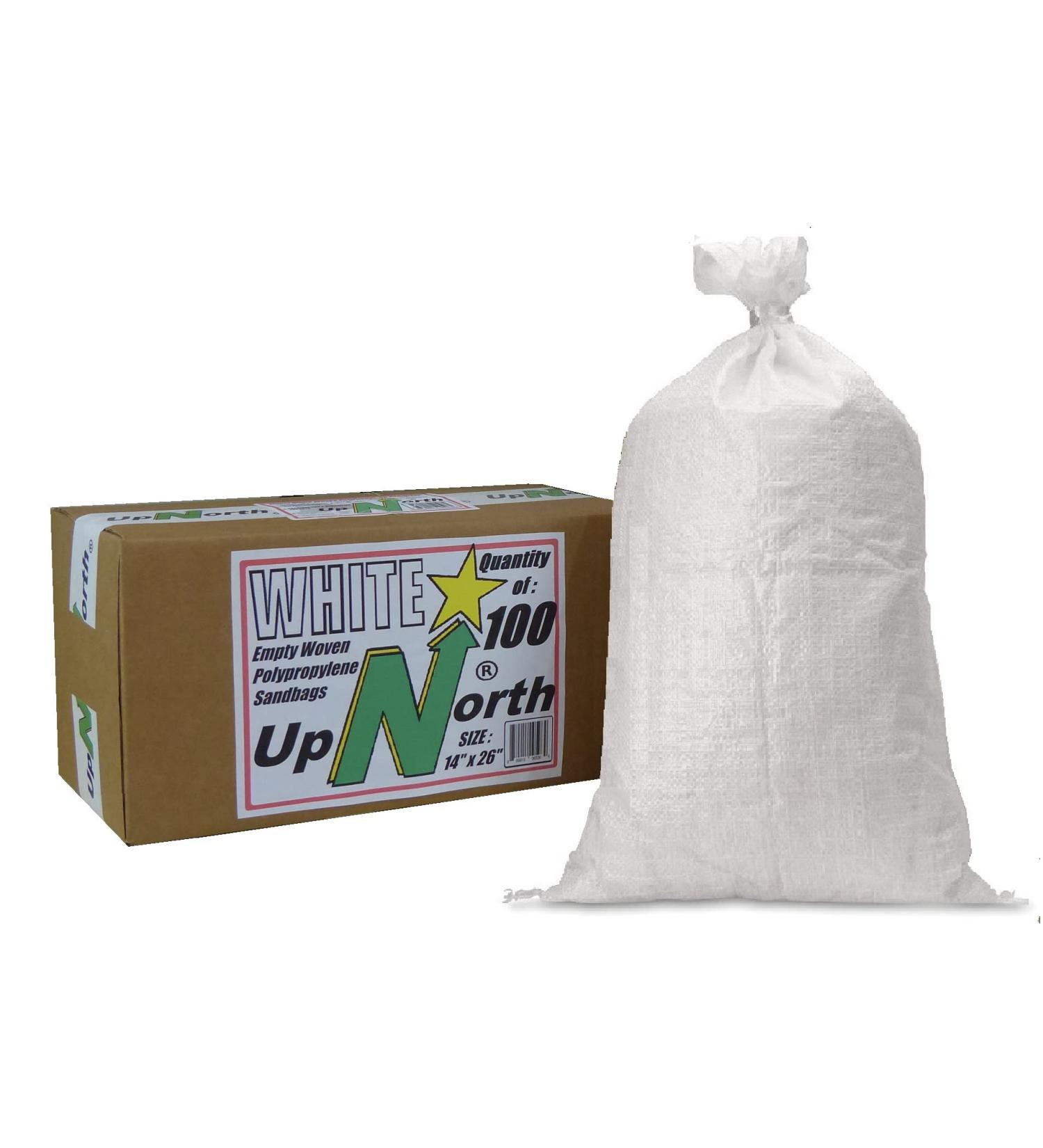 UpNorth Sandbags Box of 100 - Empty Woven Polypropylene Sand Bags with Ties - UV Protection - 14x26 White - Buy Online on SooperMarket.com