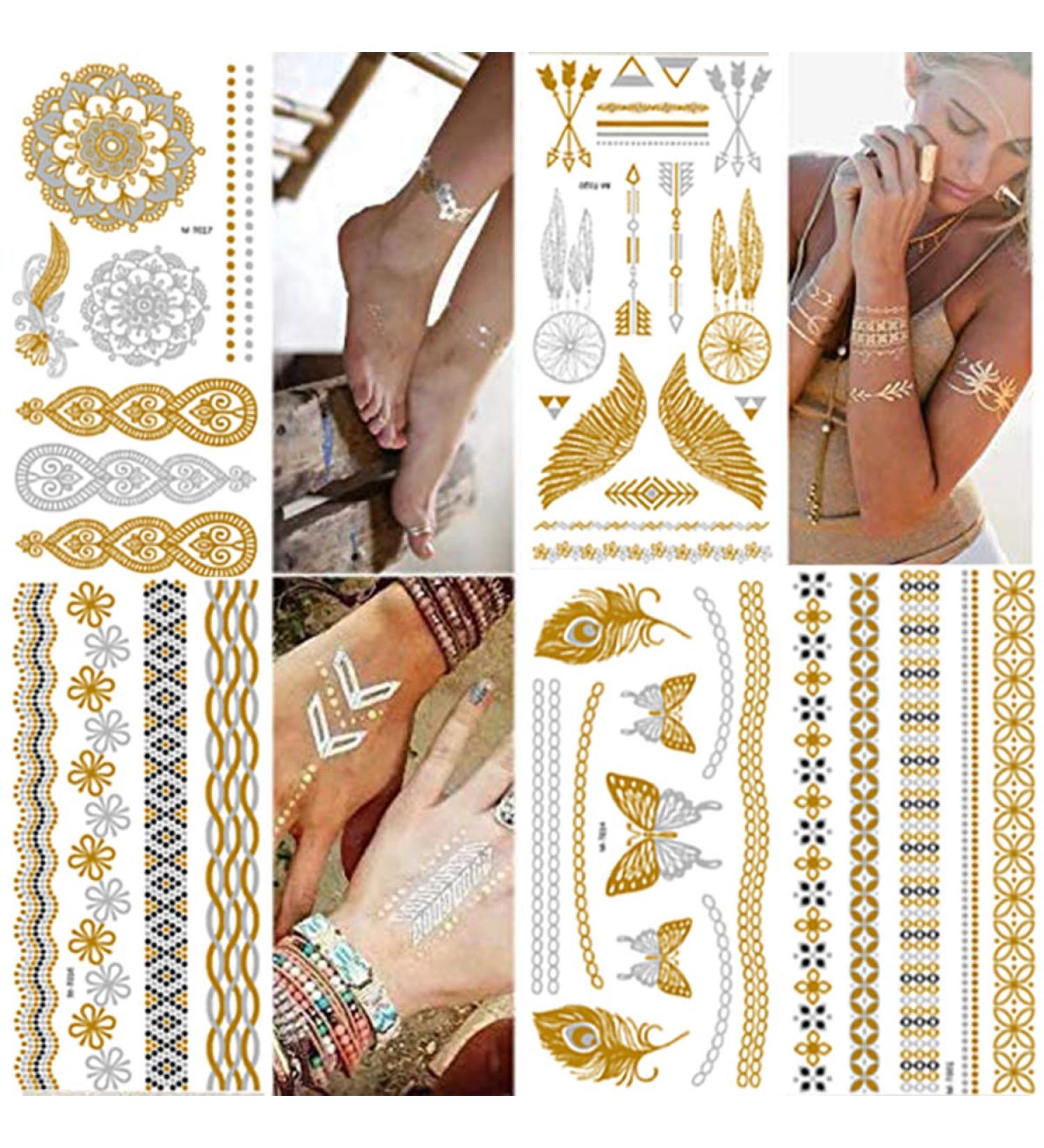 8 Sheets Gold Metallic Temporary Tattoos for Women - Shimmer Designs, Jewelry Fake Tattoo Stickers - Waterproof Body Makeup - Buy Online on SooperMarket.com