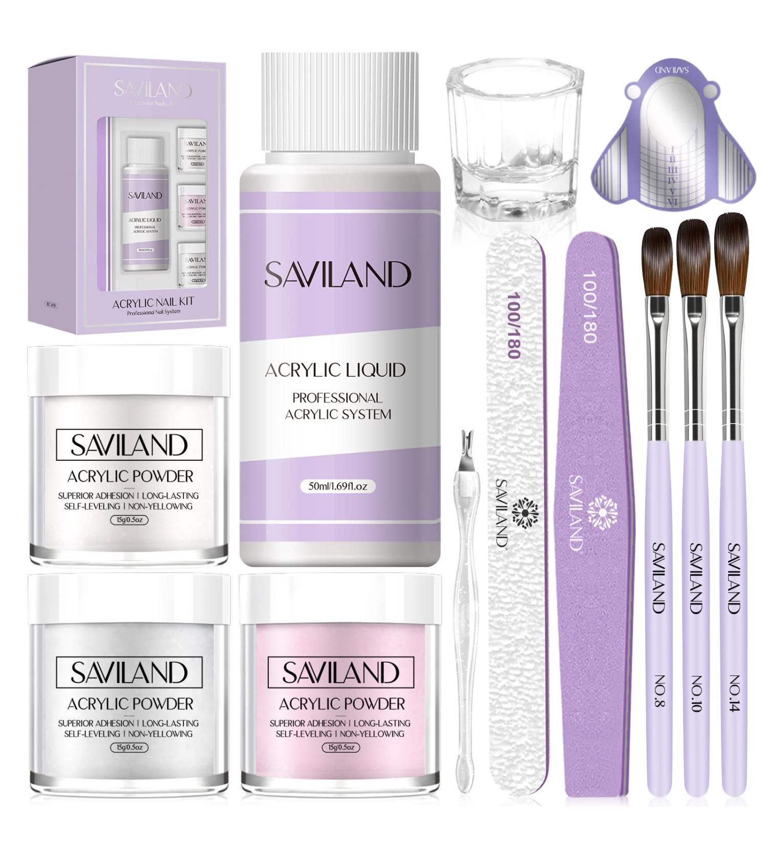 Saviland Acrylic Nail Kit for Beginners - 15g Clear/White/Pink Powder and Liquid Set with Nail Brush, Forms, and Dappen Dish - Easy to Use Starter Kit for Home DIY - Buy Online on SooperMarket.com