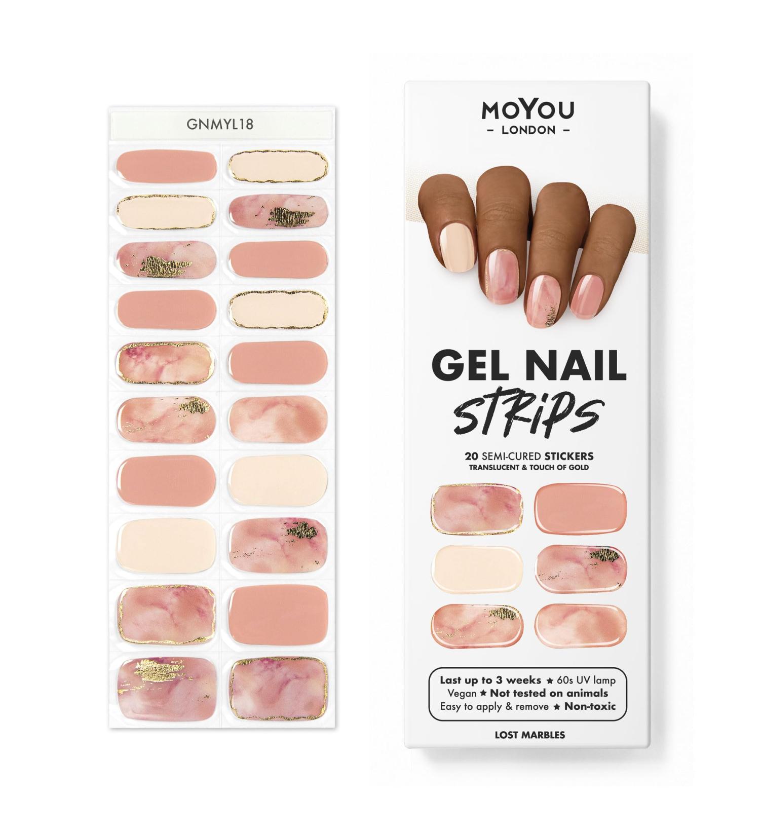 MOYOU LONDON Semi Cured Gel Nail Strips 20 Pc - Get 1 Free UV Lamp | Easy Apply & Remove for Salon-Quality Manicure | Lost Marbles Design - Buy Online on SooperMarket.com