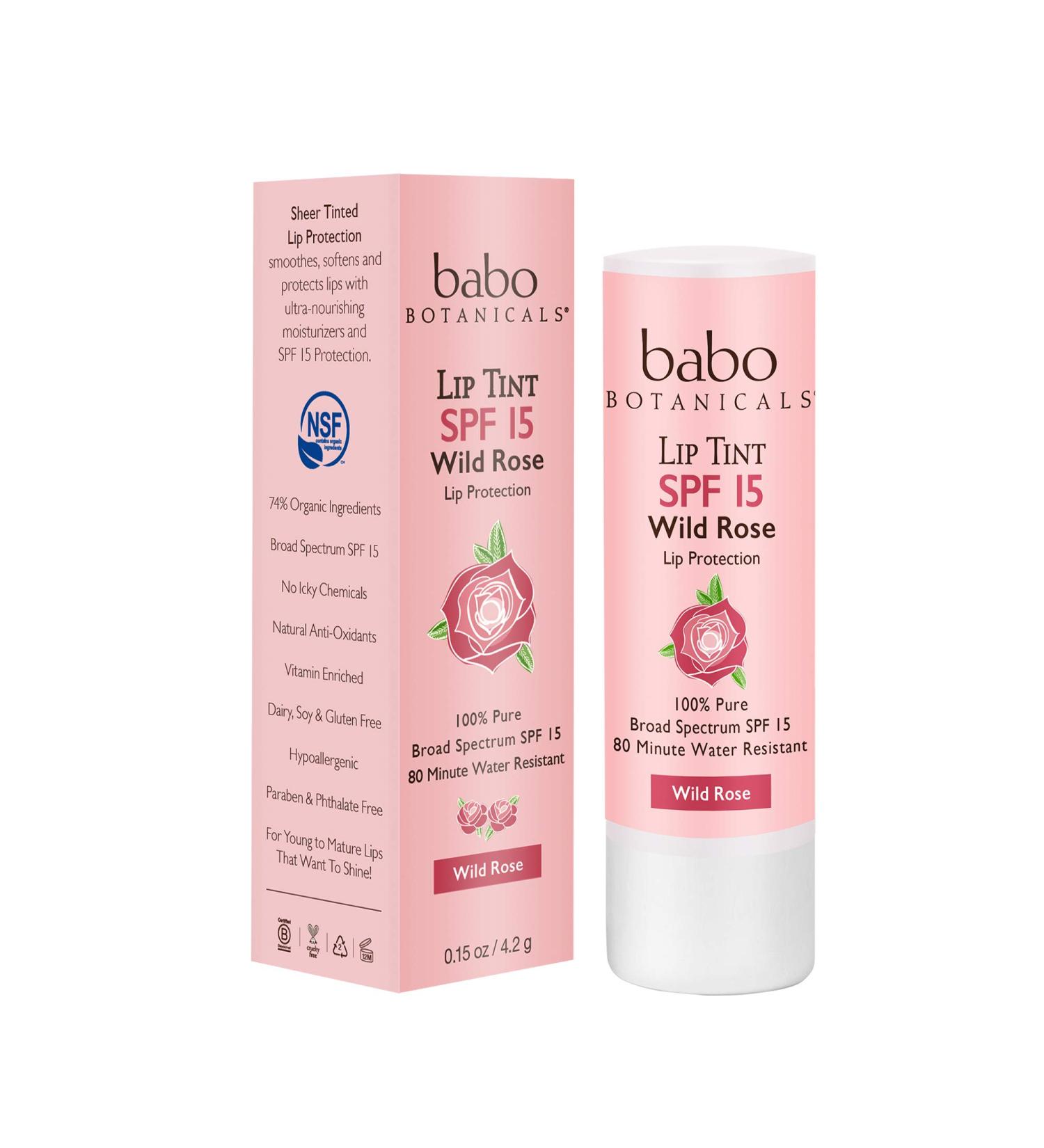 Babo Botanicals Organic Tinted Mineral Lip Conditioner SPF 15 - Wild Rose, 0.15 oz | Water-Resistant Lip Balm - Buy Online on SooperMarket.com