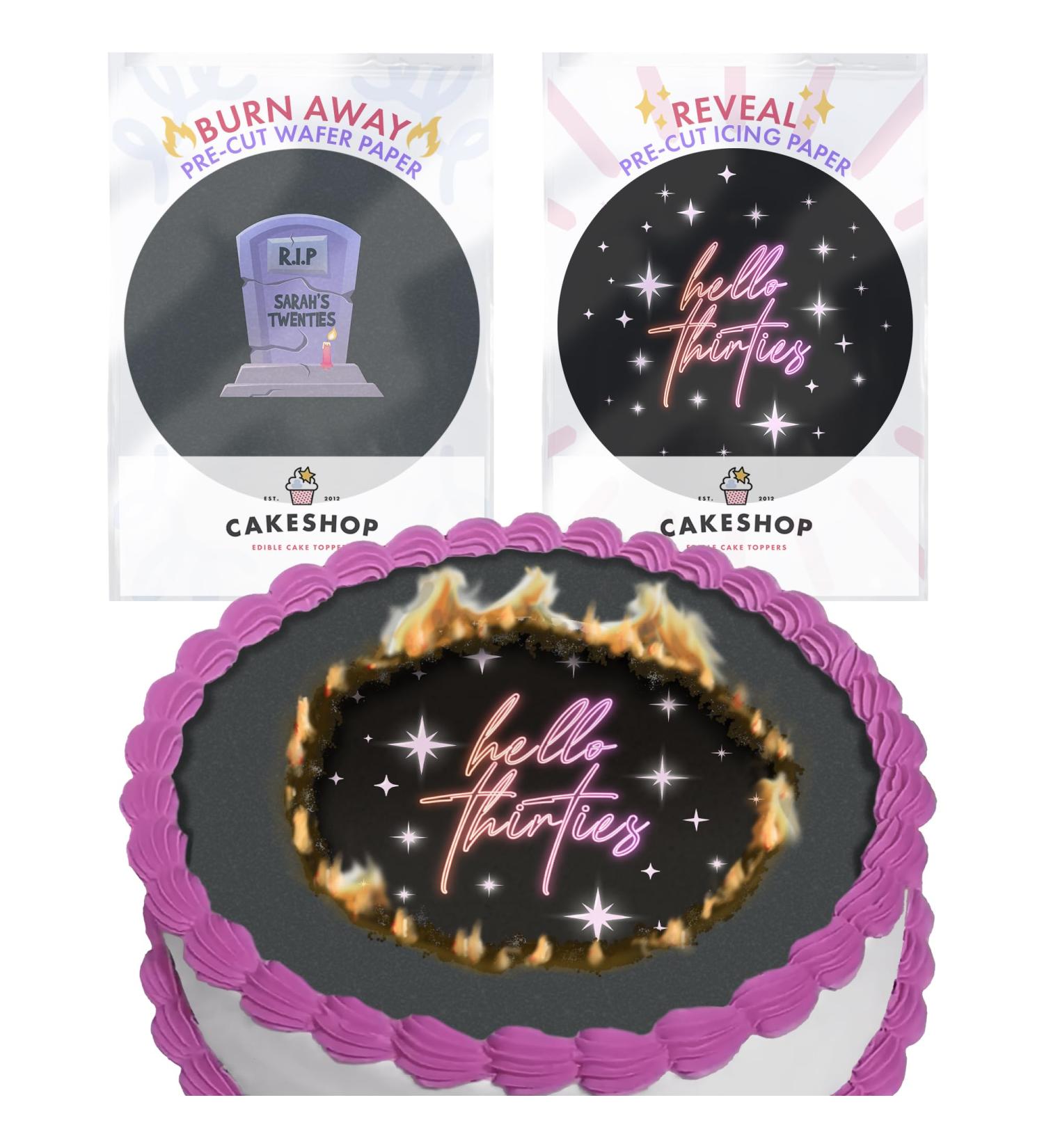 Cakeshop Burn Away Cake Edible Topper Pack | 1 x Icing sheet & 1 x Wafer Sheet | Goodbye Hello Pink All Ages & Occasions | Personalise With Your Custom Ages | Multiple Shapes & Sizes to Choose Prime