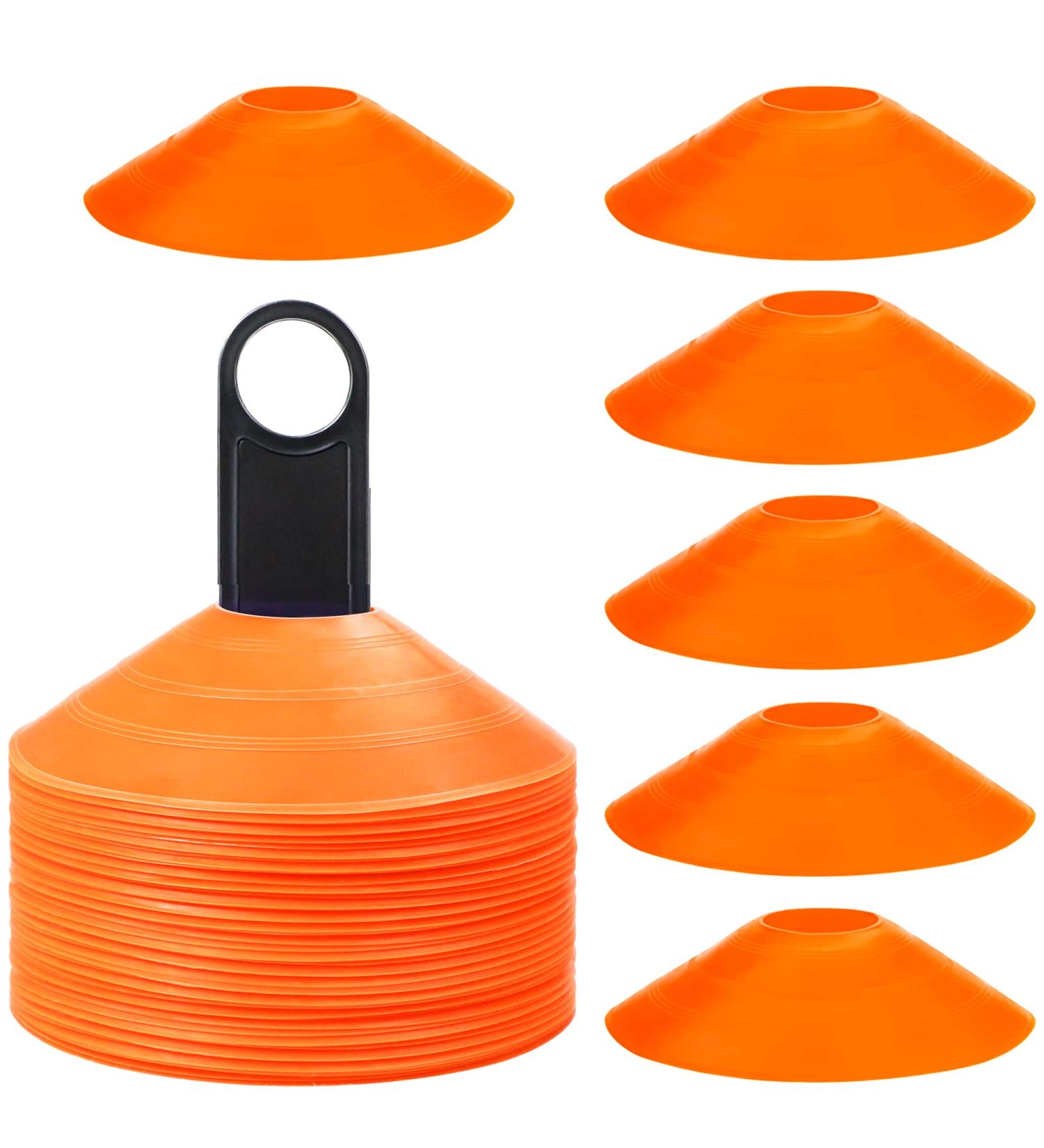 Faxco 50 Pcs Orange Mark Disks with Shelf and Net Bag - Soccer Cones Holder for Training & Field Markers - Outdoor Sports Supplies - Buy Online on SooperMarket.com