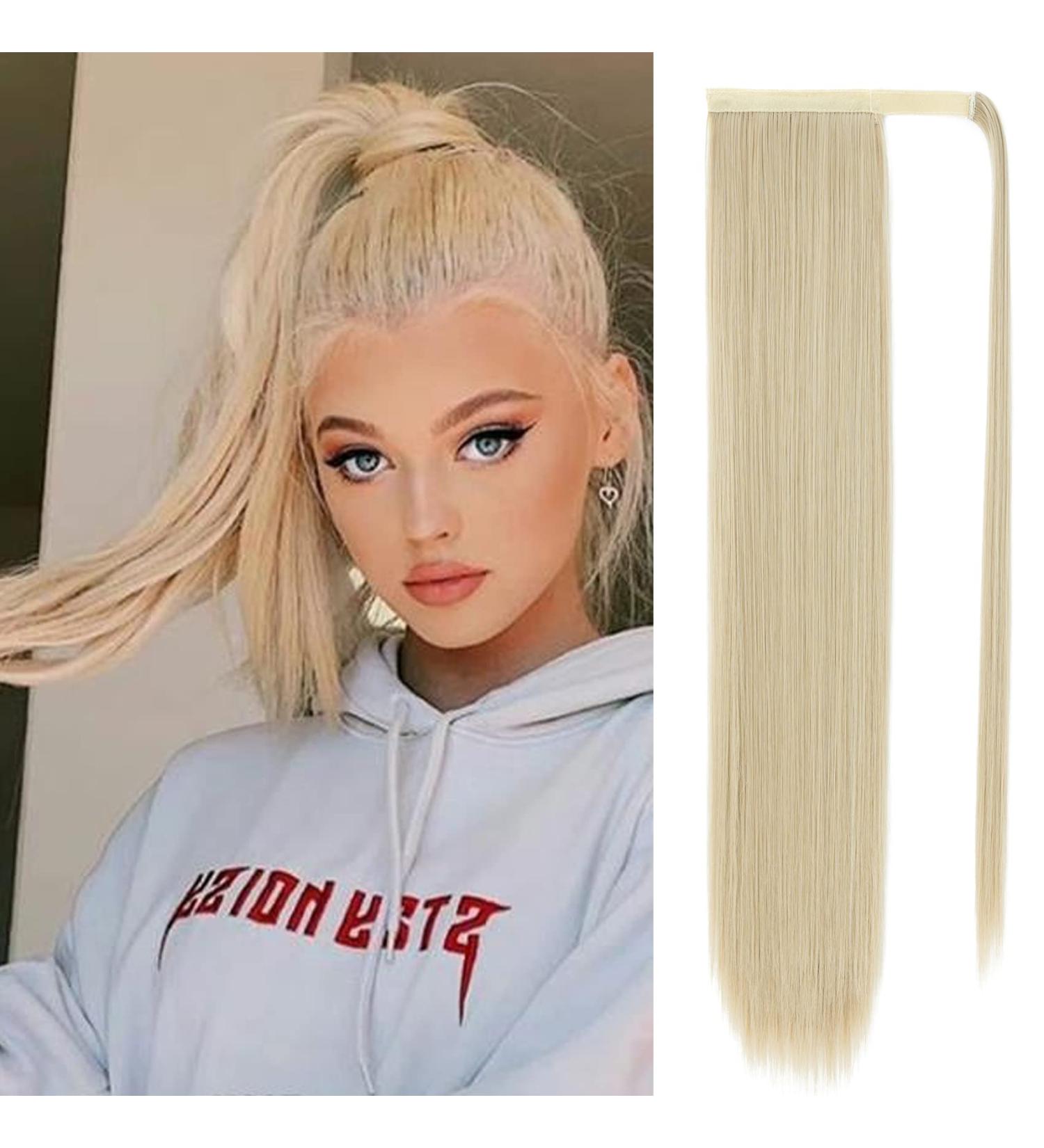 Silk-co 28 Inch Straight Clip in Ponytail Hair Extension - Blond&Bleach Blond | Heat-Resistant Fiber Hairpiece for Women - Buy Online on SooperMarket.com