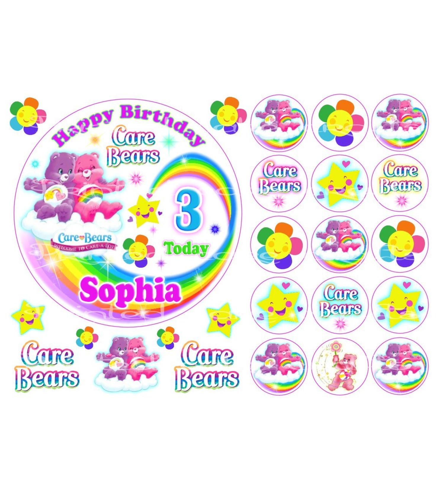 Edible Care Bears 6" Icing Rainbow Personalised Cake Topper + 15 Cupcake Toppers