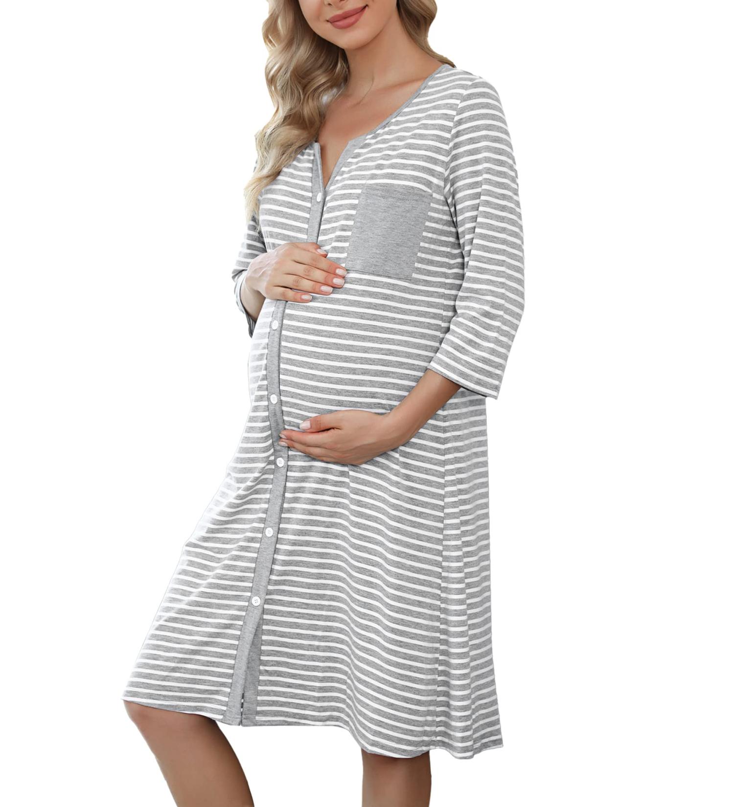Marvmys Maternity Hospital Breastfeeding Nightdress | 3/4 Sleeves Nursing Nightgown | V Neck Pajama for Pregnant Women - Light Grey - Buy Online on SooperMarket.com
