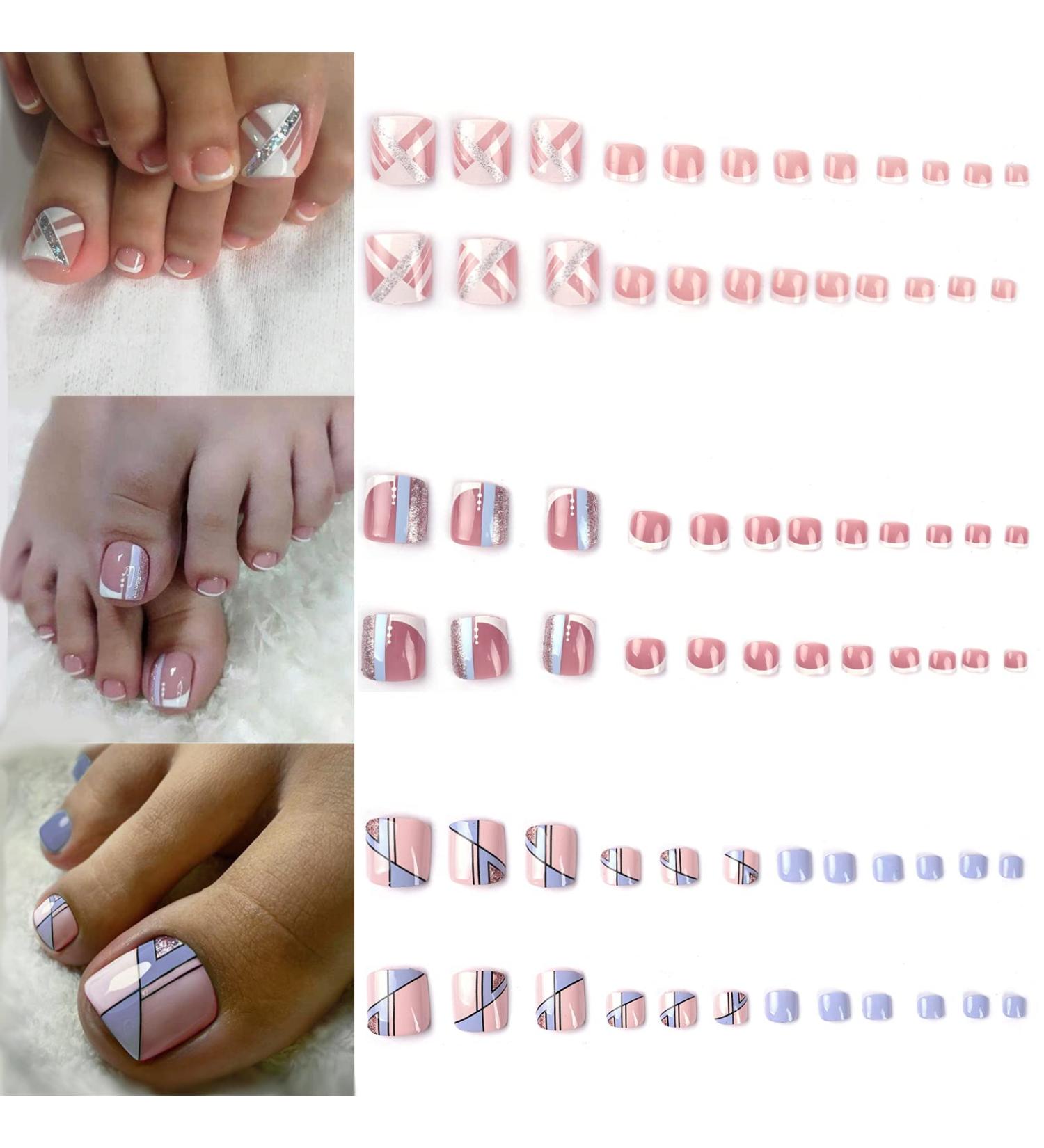 Square Short Full Cover Fake Toenails 3 Pack (72 PCS) - French Leopard Glitter Pink Purple Toe Nails Set with Glue, File, and Stickers - Perfect for Women, Teens, Girls - 007.Fr - Buy Online on SooperMarket.com