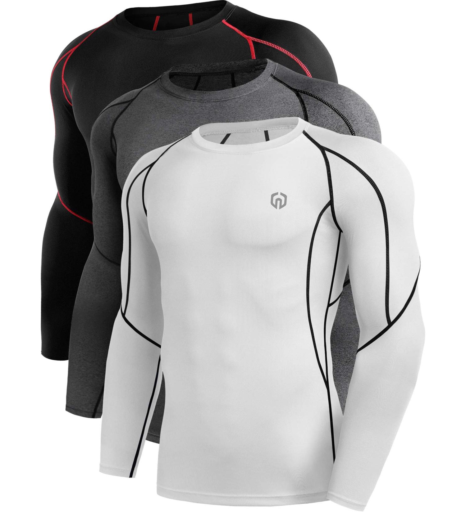 NELEUS Men's 3 Pack Dry Fit Long Sleeve Compression Shirts - Black/Red Stripe, Grey, White 3 Pack - Large 5030 - Workout Running Shirts - Buy Online on SooperMarket.com