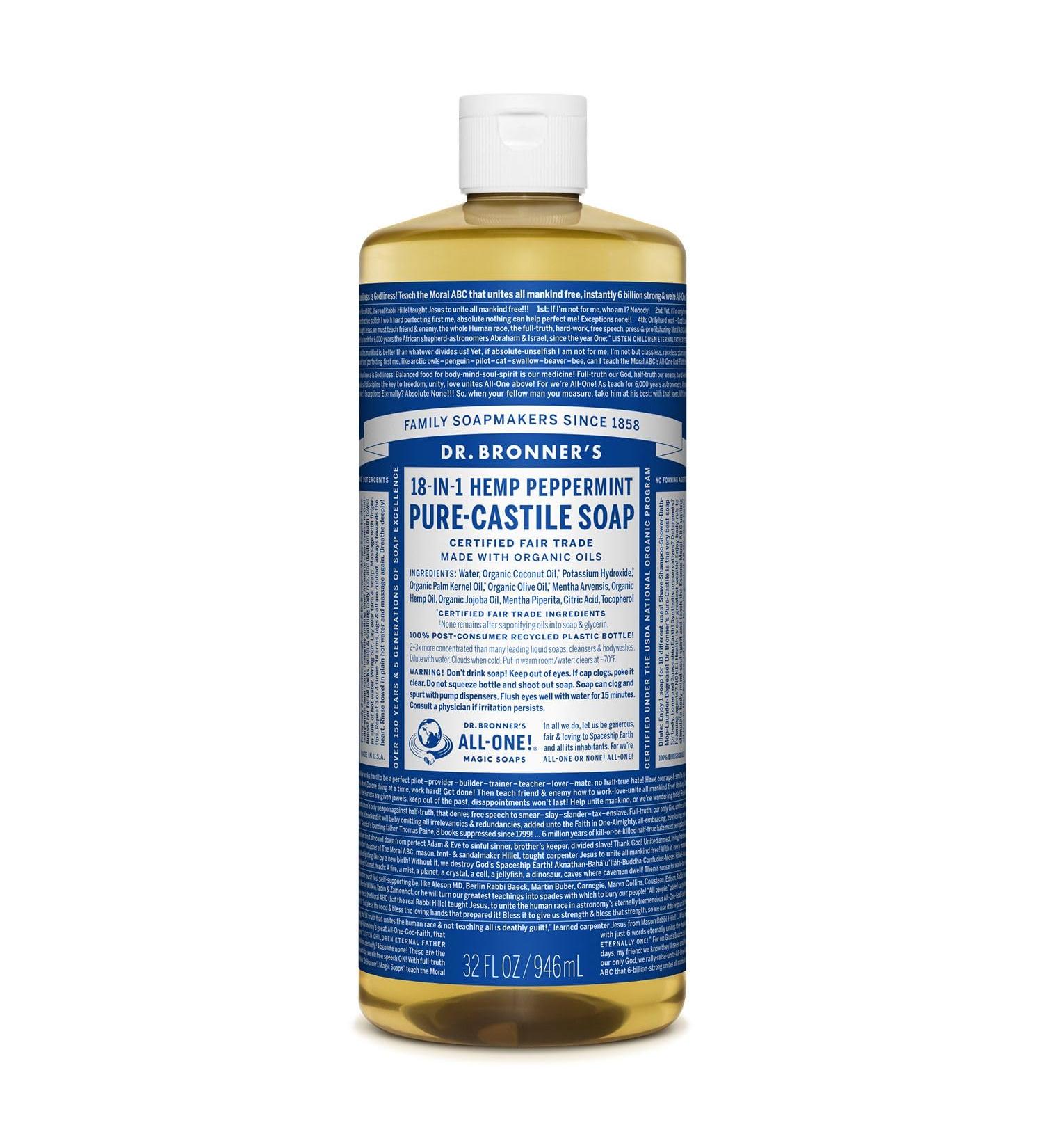Dr. Bronner's Pure-Castile Soap (Peppermint 907.2g) - Organic Vegan 18-in-1 Uses for Face Body Hair Laundry & Pets - International Shipping Available - Buy Online on SooperMarket.com
