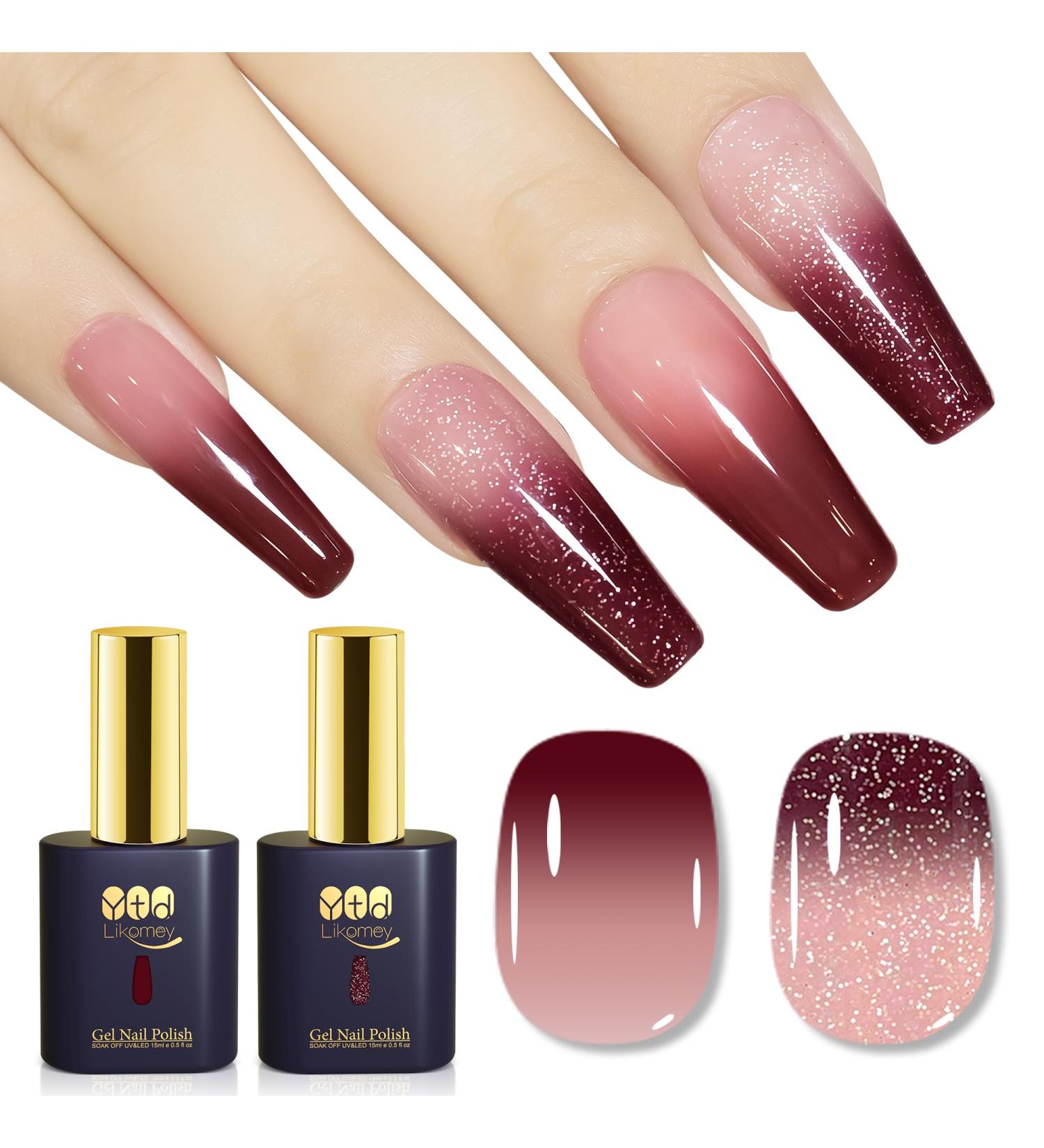 YTD Likomey Gel Polish Set 15ml Color Changing Nude Pink Burgundy Red and Glitter Nails Gel Kit Fall Winter Thermal Ombre Change Colors Translucent Salon Manicure UV Nail Vernis 2 Pcs 0.5 Oz 2-nude Pink Burgundy Red 15 ml (Pack of 2) - Buy Online on SooperMarket.com