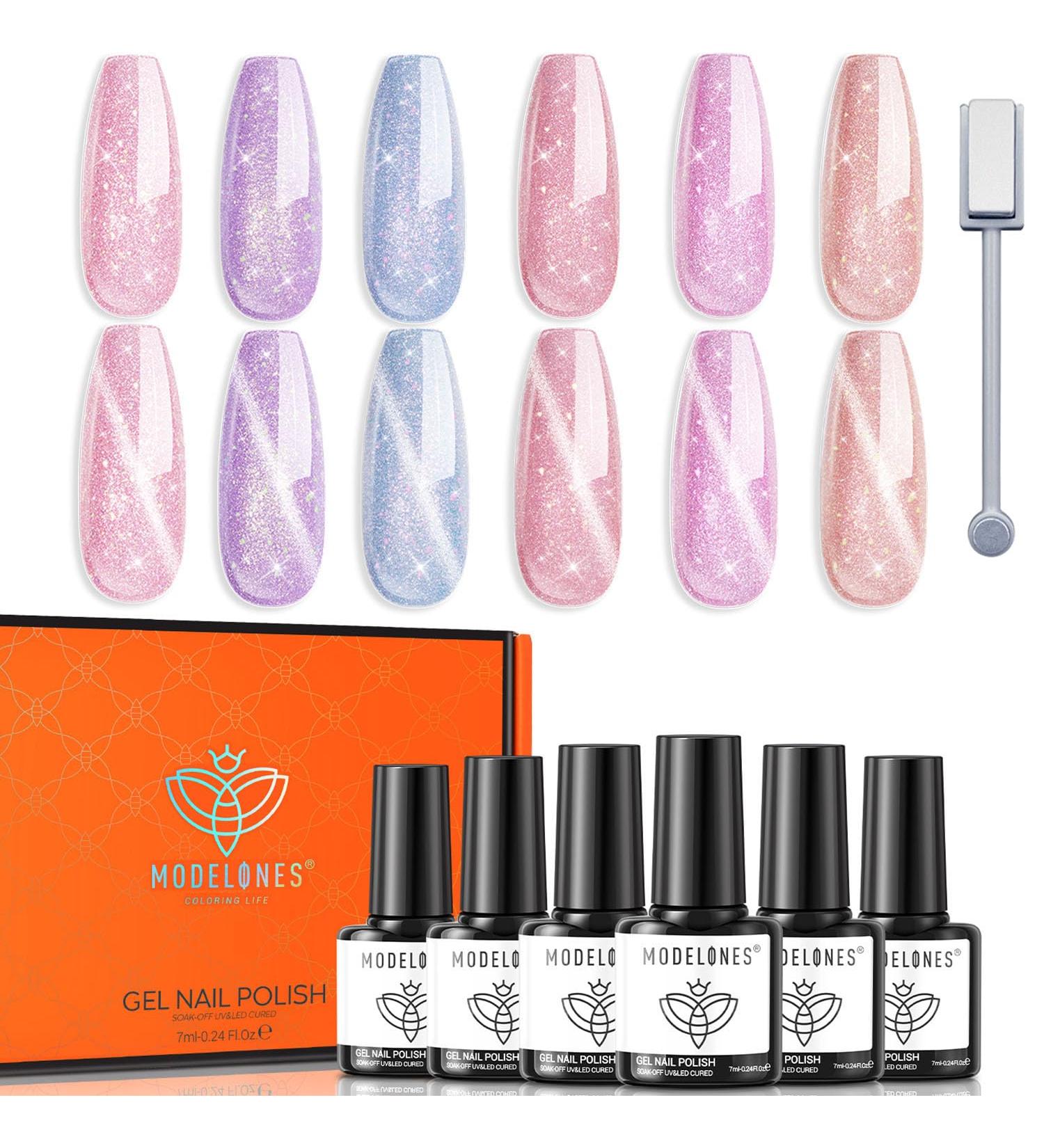 Modelones Holographic Glitter Cat Eye Gel Nail Polish Kit - 6 Color Set with Magnet, Rainbow Pastel Soak Off Led Gel - Nail Art Manicure Salon DIY - Buy Online on SooperMarket.com