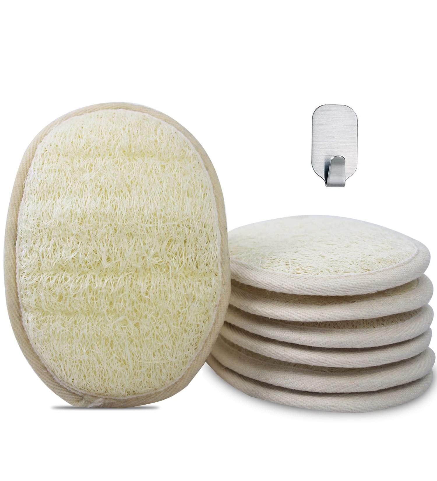 Pack of 6 Natural Organic Loofah Sponge Pads for Exfoliating Skin | Bath & Shower Scrubber with Adhesive Hook - Buy Online on SooperMarket.com