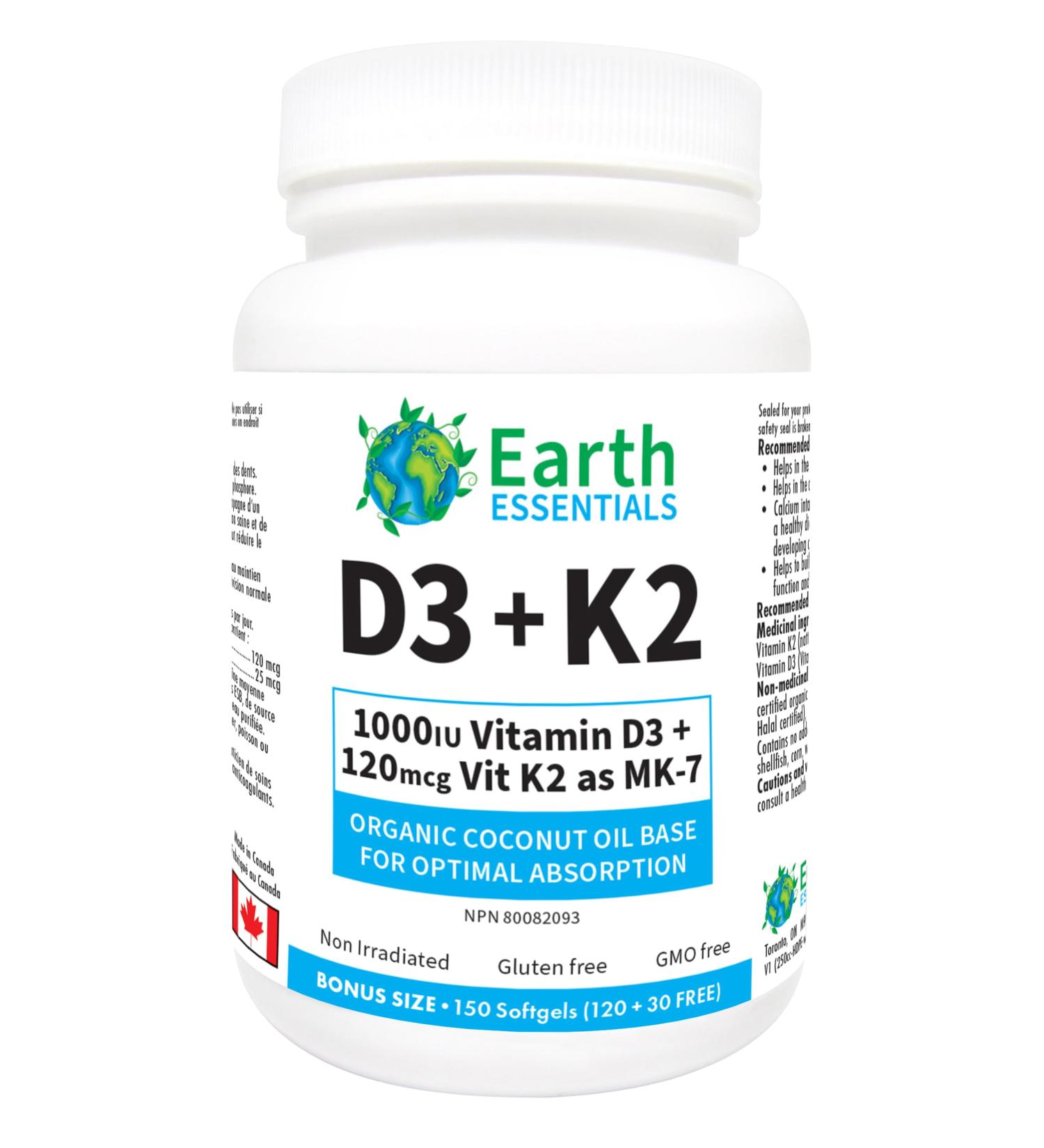 Earth Essentials Vitamin D (1000 IU) + Vitamin K2 (120 mcg) BONUS SIZE - 150 Softgels (120 + 30 FREE) - Buy Online on SooperMarket.com