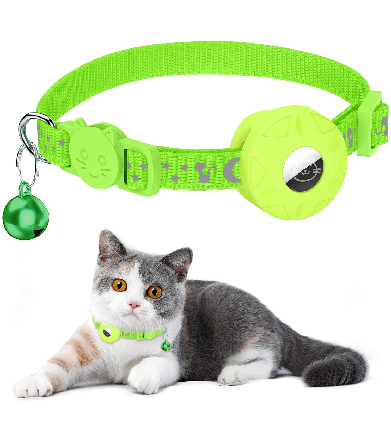 Airtag Cat Collar with Holder & Bell | Reflective Safety Neck Band for Kittens & Puppies - Green - Buy Online on SooperMarket.com