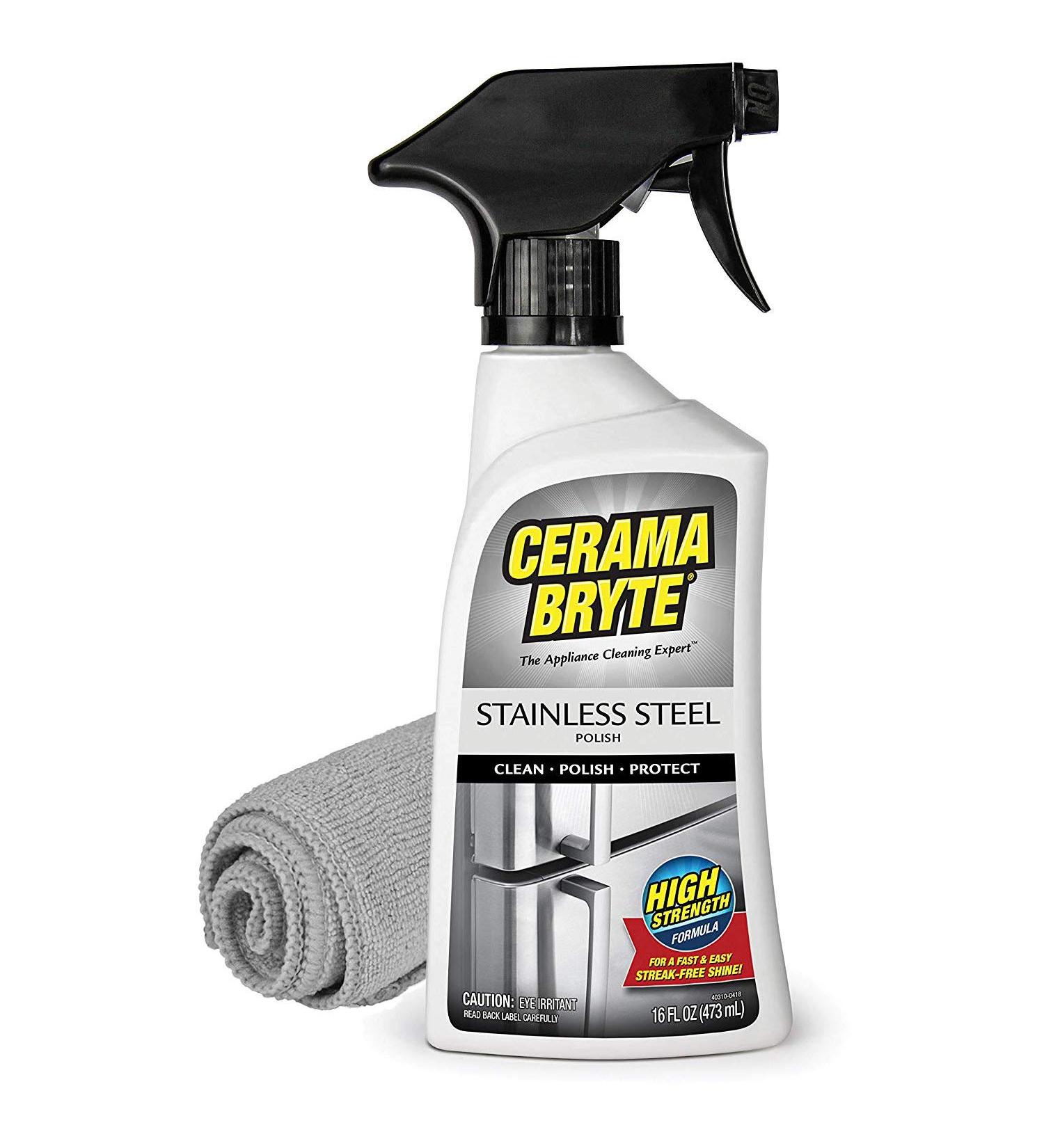 Cerama Bryte 16 oz Stainless Steel Appliance Cleaner & Polish Spray with Mineral Oil + Microfiber Cloth - Buy Online on SooperMarket.com