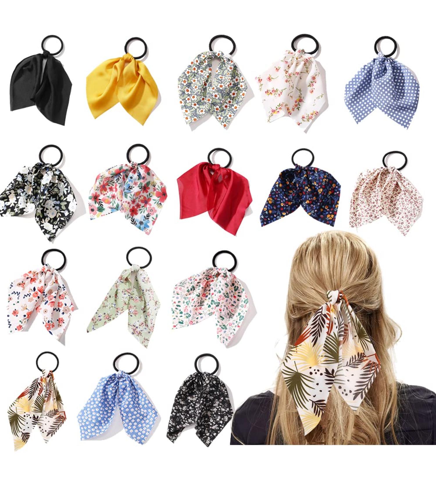 Floral Ribbon Hair Scrunchie Set - 16 Styles Seamless Elastic Hair Ties for Women and Girls - Buy Online on SooperMarket.com