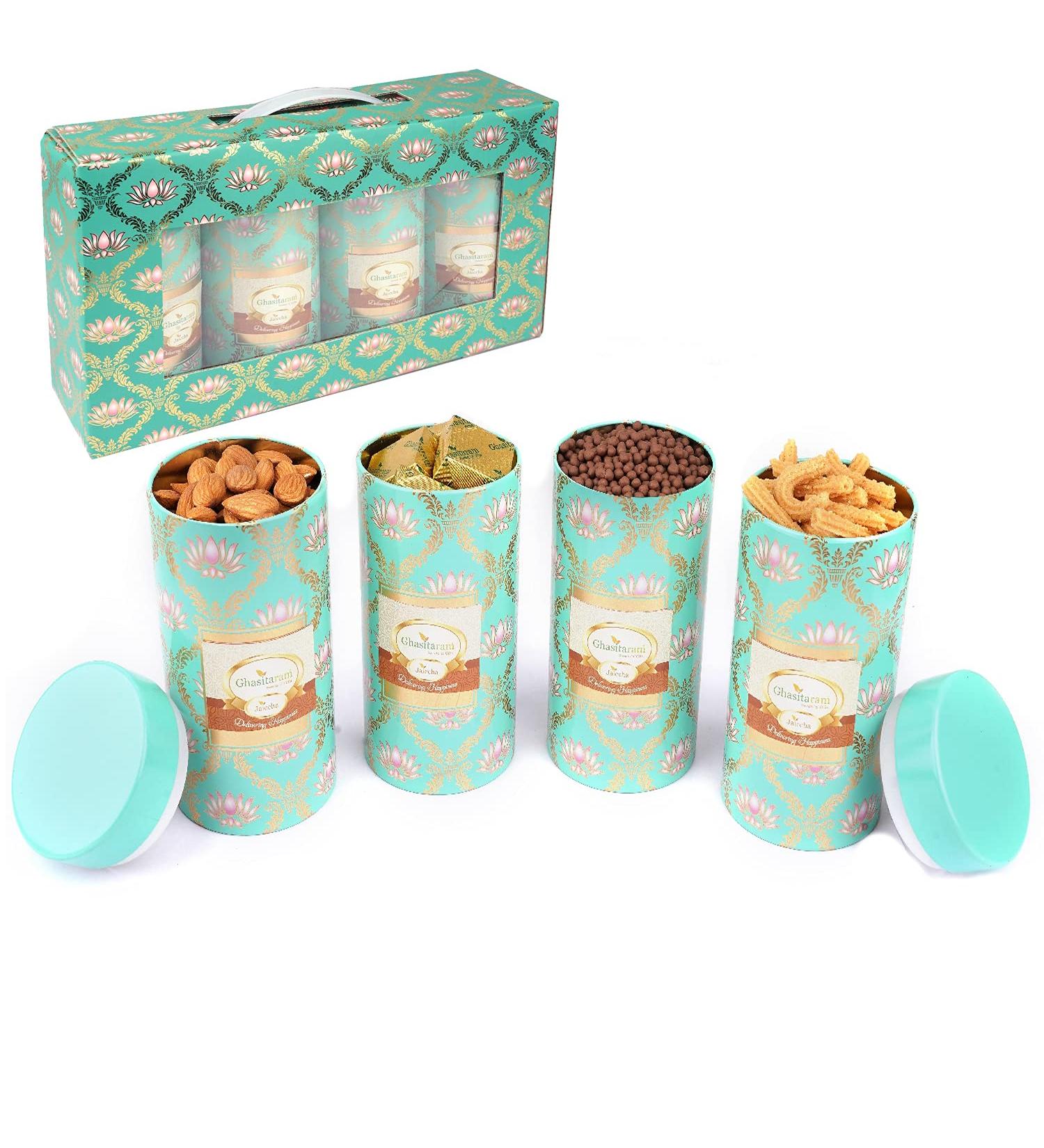 Jaiccha Ghasitaram Dryfruits Hamper-Lotus Box 4 Tin Jars Almonds Rice Crispies Butter Chakli and Mewa bites |Gift for Diwali Holi Rakhi Valentine Christmas Birthday Anniversary Her Him| - Buy Online on SooperMarket.com