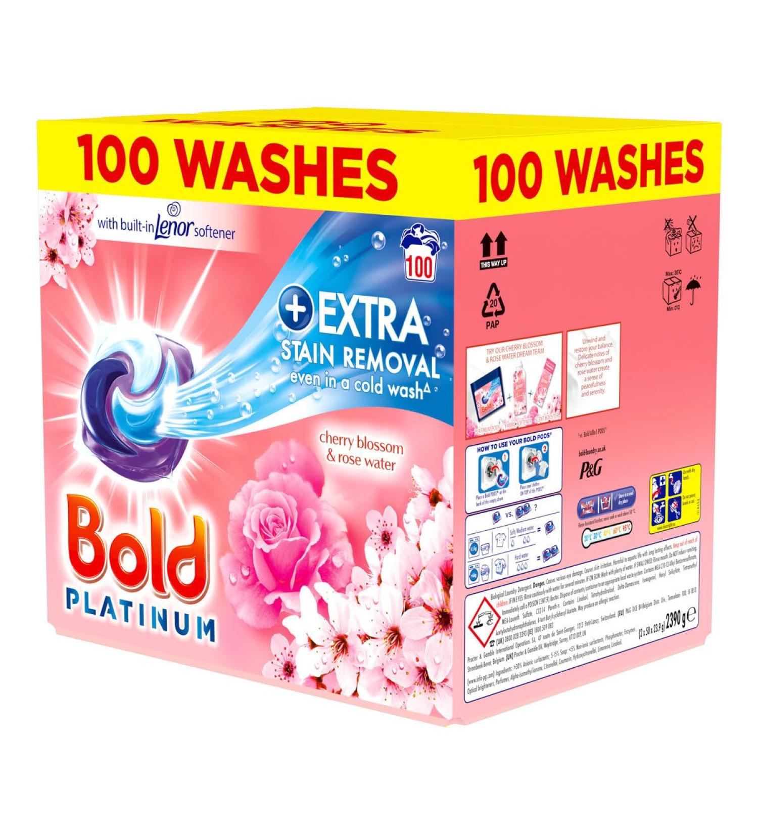 Bold Platinum Pods Laundry Detergent Washing Liquid Pods/Capsules 100 Washes - Cherry Blossom & Rose Water - Extra Stain Removal Even In a Cold Wash - Buy Online on SooperMarket.com