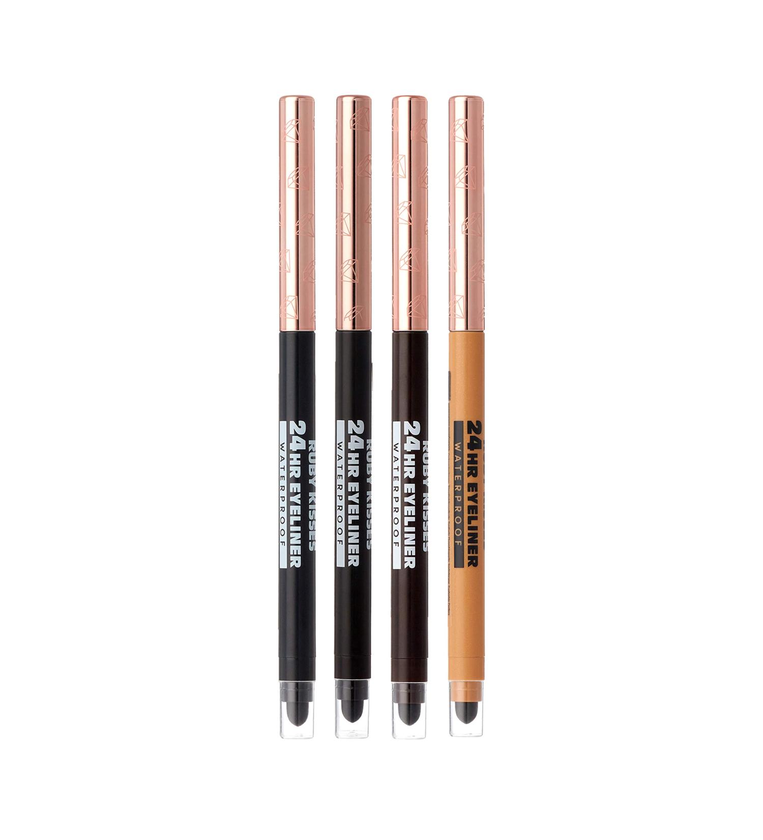 Ruby Kisses Waterproof Eyeliner 24HR Long-Lasting Mechanical Pencil 4 Pack - Blackest Black, Black Brown, Dark Brown, Glittery Gold - Smudgeproof Formula with Built-in Sharpener - 2 Set - Buy Online on SooperMarket.com