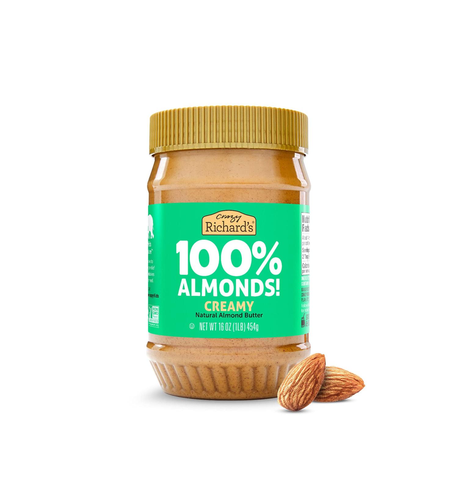 Crazy Richard's Almond Butter | No Sugar Added | Dry Roasted Almonds | Non-GMO | 1lb Jar - Buy Online on SooperMarket.com