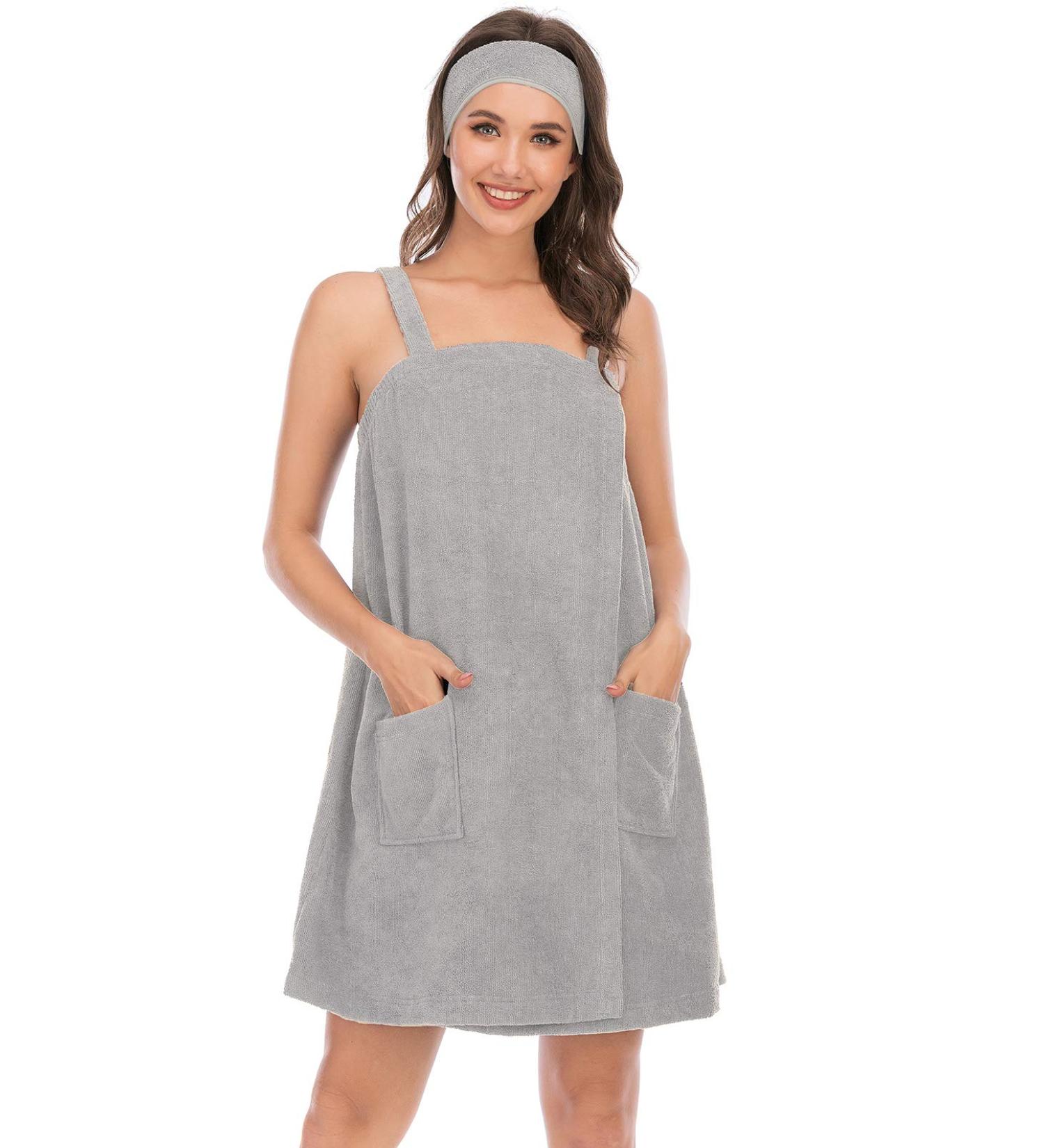 Veseacky Women's Bath Towel with Pocket & Adjustable Bathrobe - Gray XL (S-3XL) | Shop Now for International Shipping! - Buy Online on SooperMarket.com