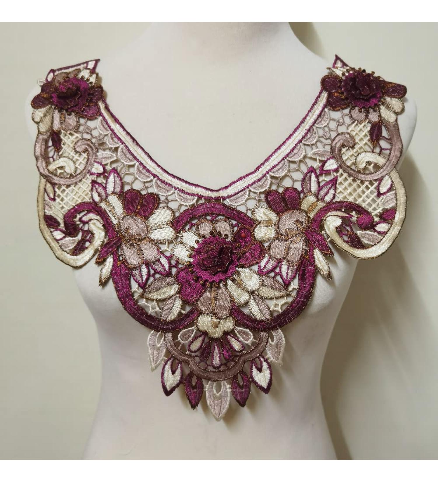 Fullcolor Embroidered Lace Neckline Collar Applique Patches Scrapbooking Embossed Sewing (Wine/Cream) Pink/Cream