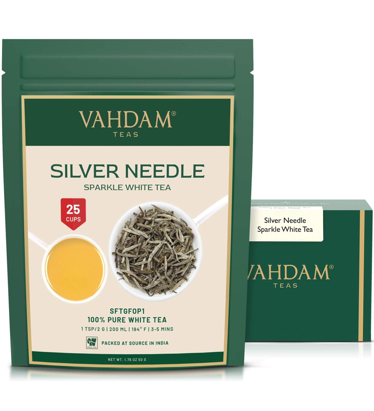 Vahdam Silver Needle White Tea - 100% Natural Loose Leaves (50g 25 Cups) | Caffeine-Free Premium Sparkle White Tea - Buy Online on SooperMarket.com