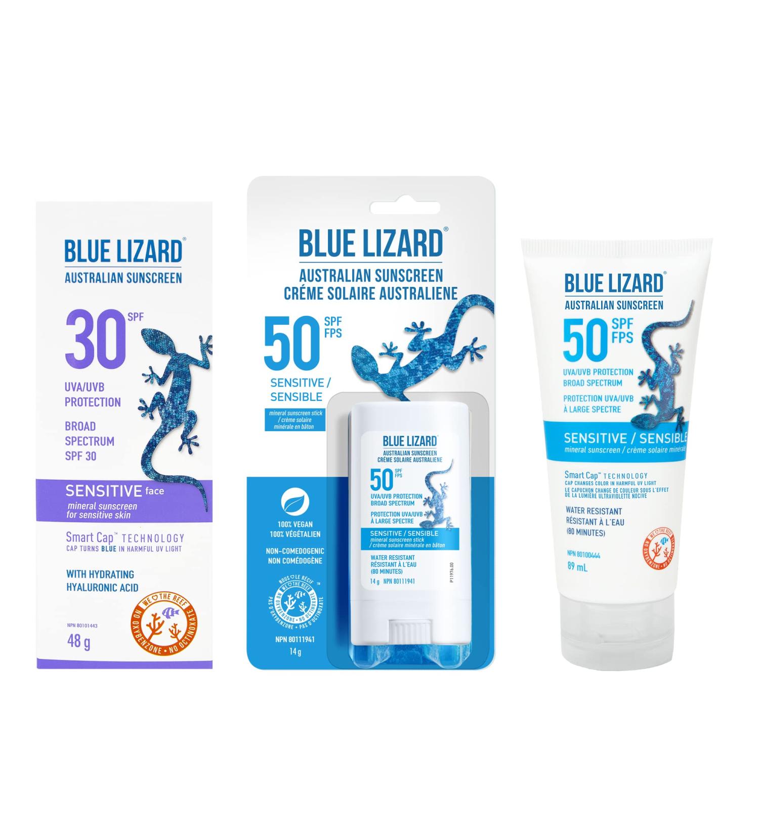 BLUE LIZARD Sensitive Skin Sunscreen Combo Pack for Face & Body SPF30 Mineral Sunscreen for Face Fragrance-Free SPF 50 Lotion for Body SPF 50 Stick 3 Count 89 ml Tube 48g Tube and 14g Stick - Buy Online on SooperMarket.com